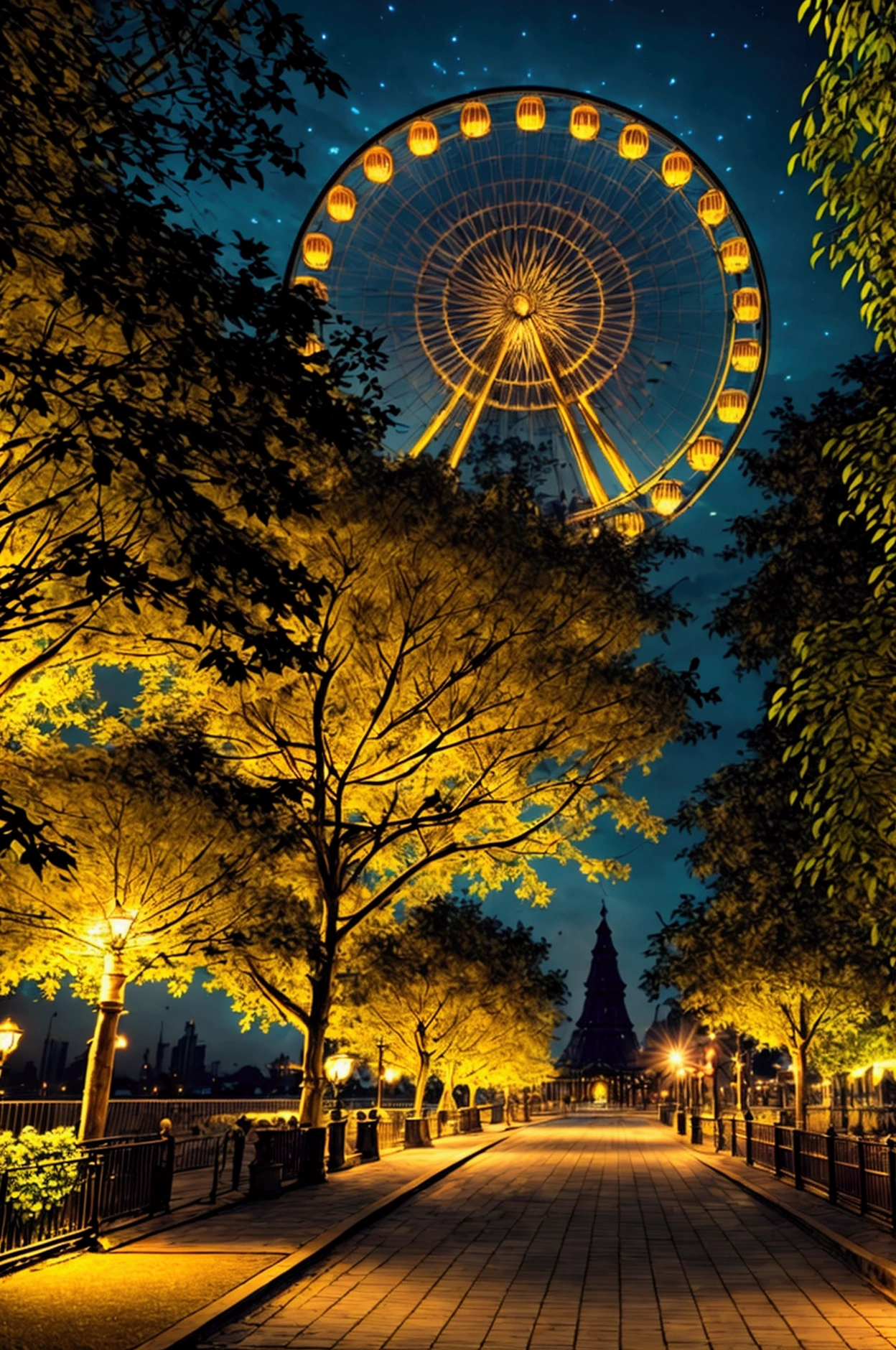 A beautiful park at night, with a large ferris wheel illuminated by neon lights, (best quality,4k,8k,highres,masterpiece:1.2),ultra-detailed,(realistic,photorealistic,photo-realistic:1.37),HDR,UHD,studio lighting,extremely detailed, vivid colors,warm lighting,glowing neon lights,intricate ferris wheel,lush greenery,detailed architecture,dramatic shadows,captivating atmosphere,stunning cityscape