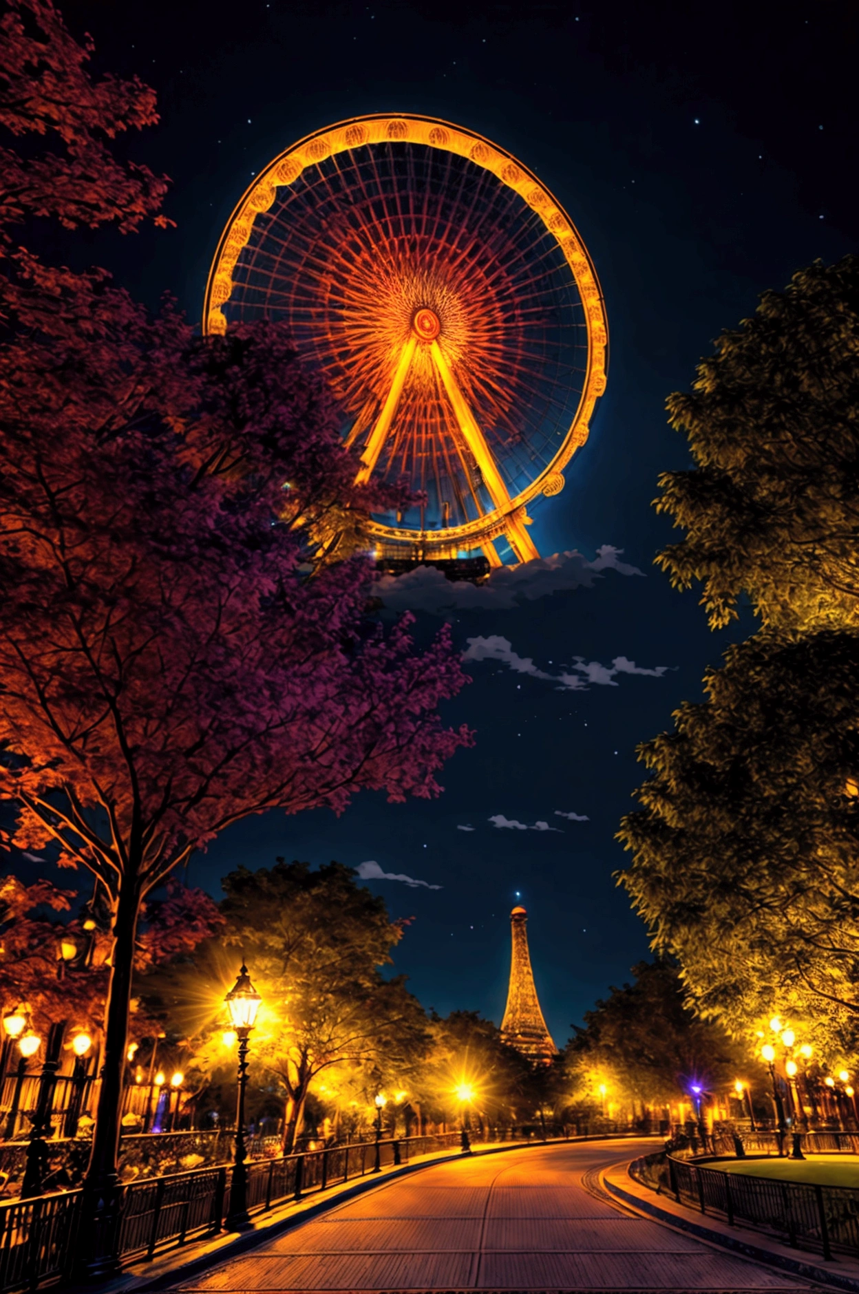 A beautiful park at night, with a large ferris wheel illuminated by neon lights, (best quality,4k,8k,highres,masterpiece:1.2),ultra-detailed,(realistic,photorealistic,photo-realistic:1.37),HDR,UHD,studio lighting,extremely detailed, vivid colors,warm lighting,glowing neon lights,intricate ferris wheel,lush greenery,detailed architecture,dramatic shadows,captivating atmosphere,stunning cityscape