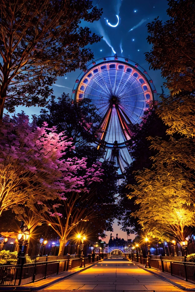 A beautiful park at night, with a large ferris wheel illuminated by neon lights, (best quality,4k,8k,highres,masterpiece:1.2),ultra-detailed,(realistic,photorealistic,photo-realistic:1.37),HDR,UHD,studio lighting,extremely detailed, vivid colors,warm lighting,glowing neon lights,intricate ferris wheel,lush greenery,detailed architecture,dramatic shadows,captivating atmosphere,stunning cityscape