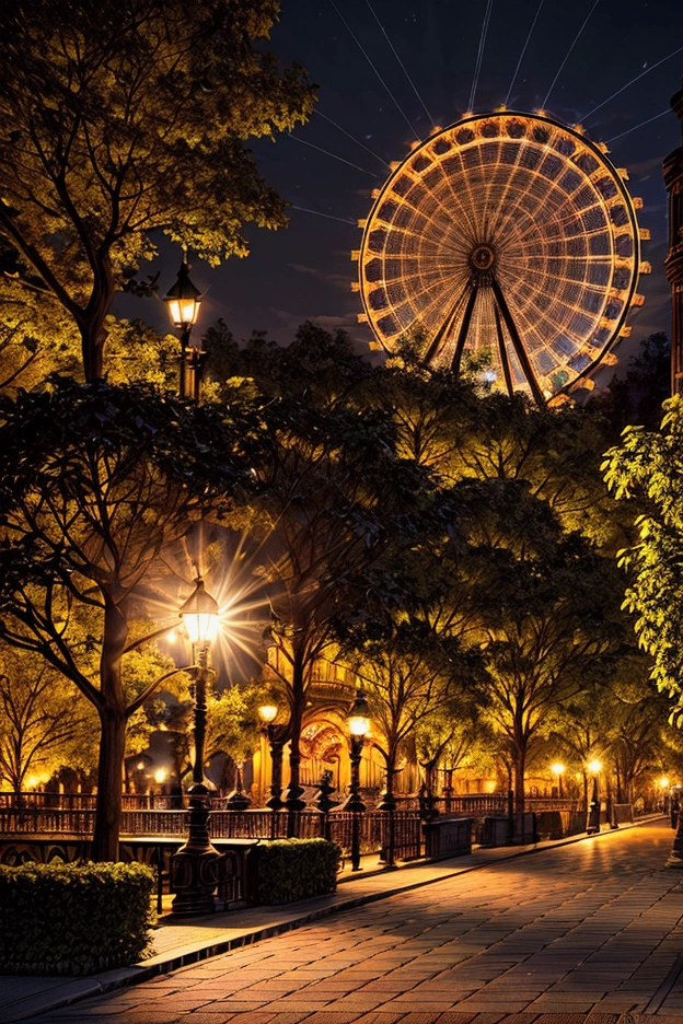 A beautiful park at night, with a large ferris wheel illuminated by neon lights, (best quality,4k,8k,highres,masterpiece:1.2),ultra-detailed,(realistic,photorealistic,photo-realistic:1.37),HDR,UHD,studio lighting,extremely detailed, vivid colors,warm lighting,glowing neon lights,intricate ferris wheel,lush greenery,detailed architecture,dramatic shadows,captivating atmosphere,stunning cityscape