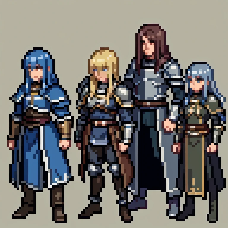 ((masterpiece)), ((best quality)), 2d 128 bit pixel art, a close up of 3 rpg fantasy adventurers, armour, heavy armour, adventure clothing, mage clothing, wizard clothing. focus on faces, high detail, large detail, full body view, sharp details, large size character, detailed clothing, detailed armour, detailed hair, detailed faces, tall person. High detail, full body view, slender body, tall, skinny.