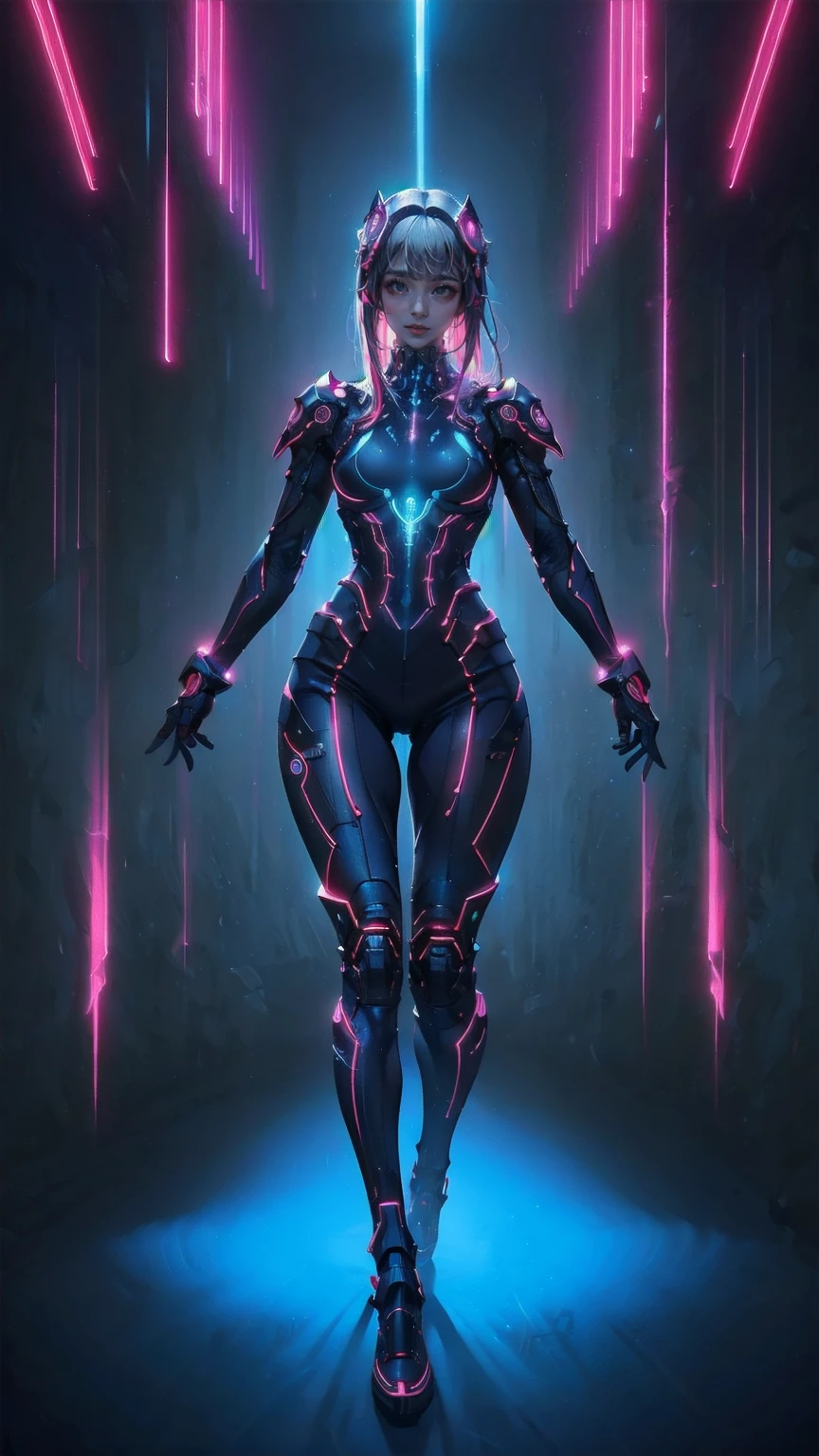 、The whole body is visible、Full body view、Head to toe depiction、beautiful, Luminous futuristic woman, Complex Circuits, Neon-like colors,  cyberpunk style , Advanced Technology,  digital art, Advanced Details, Realistic, Dramatic lighting,  dynamic poses , Mysterious, Mysterious, Fascinating
