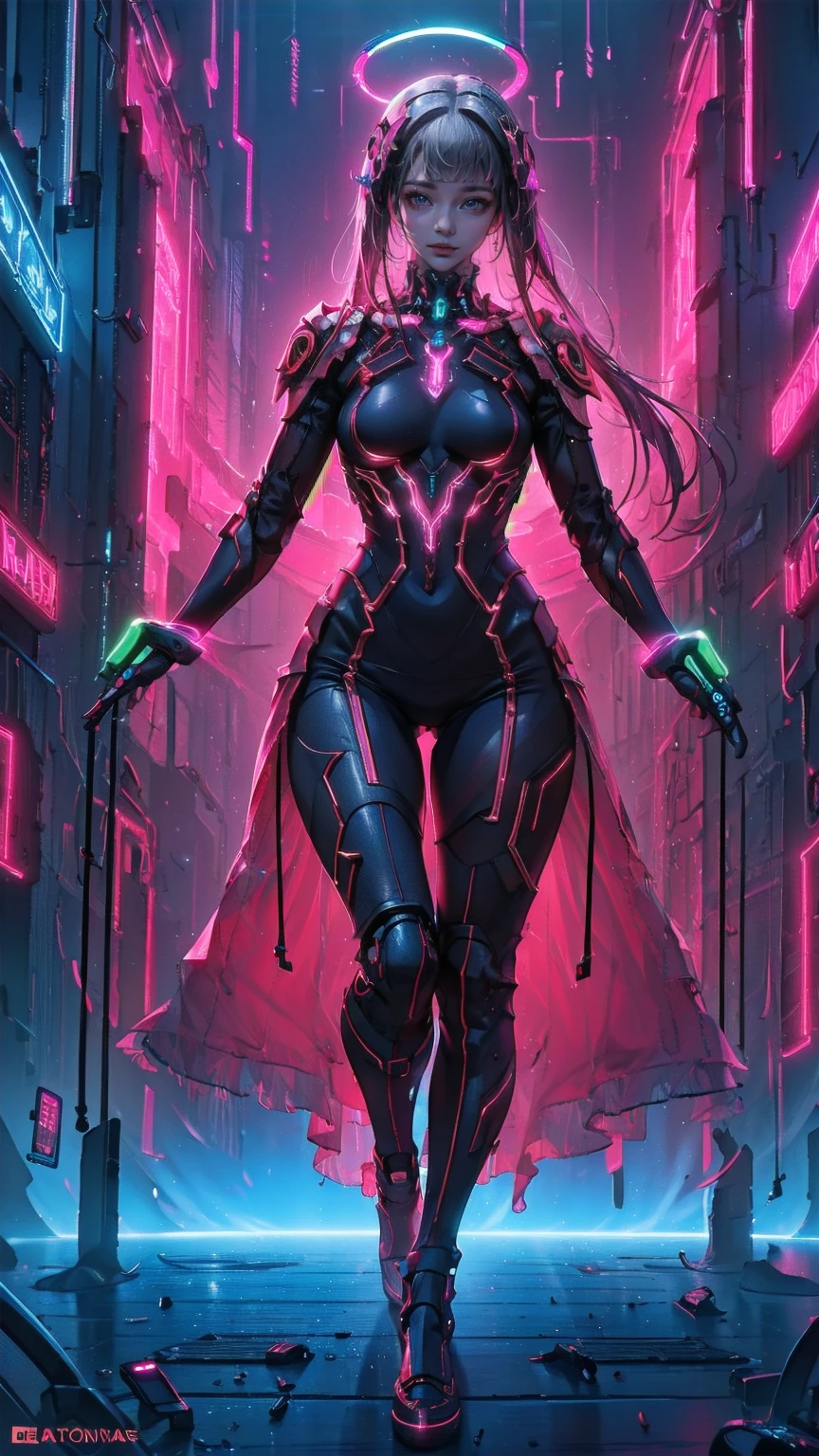 、The whole body is visible、Full body view、Head to toe depiction、beautiful, Luminous futuristic woman, Complex Circuits, Neon-like colors,  cyberpunk style , Advanced Technology,  digital art, Advanced Details, Realistic, Dramatic lighting,  dynamic poses , Mysterious, Mysterious, Fascinating
