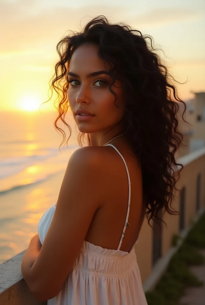 Beautiful face,no bra,reflection, she is beautiful young woman, black wavy curly hair, waves crash on the shore as the sun sets on the beach. poses for the camera, Opening kitchen cabinet, (((showing nipples))). It hugs her slim waist and body. The red rays of the sun are reflected in her beautiful eyes. A very realistic picture. Hdr. Full body, barefoot, no smile, Barefoot