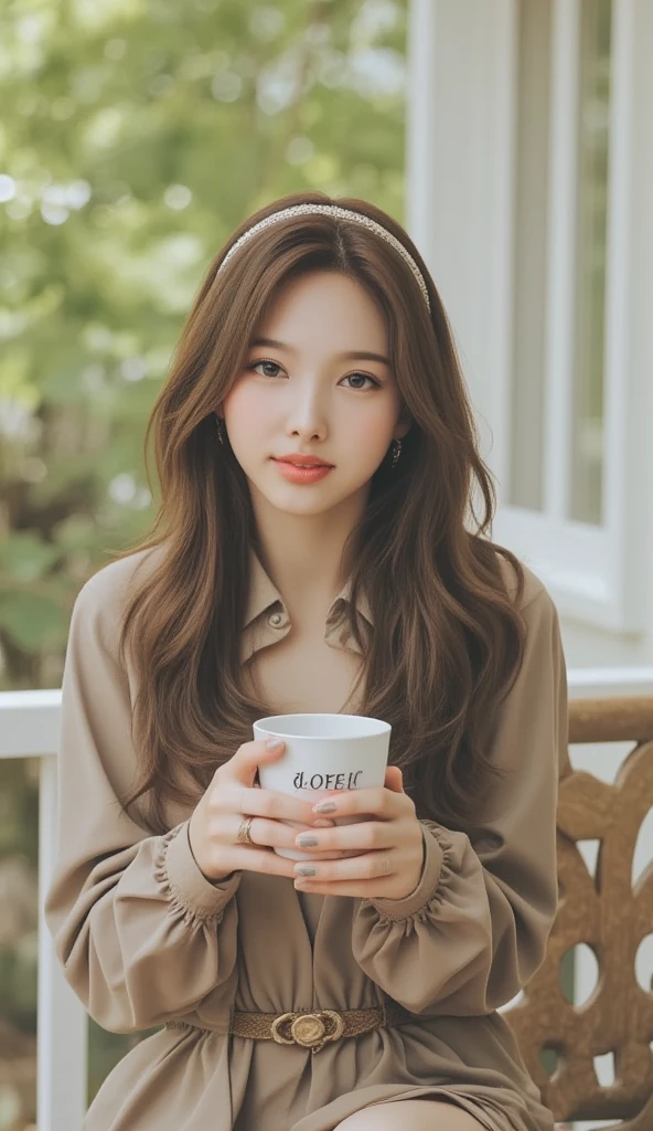 professional photo, hasselblad 1600f, kodak ektar, a beautiful woman sitting at the porch of her backyard, long wavy hair, hairband, holding a cup of coffee, morning, relaxing, peaceful