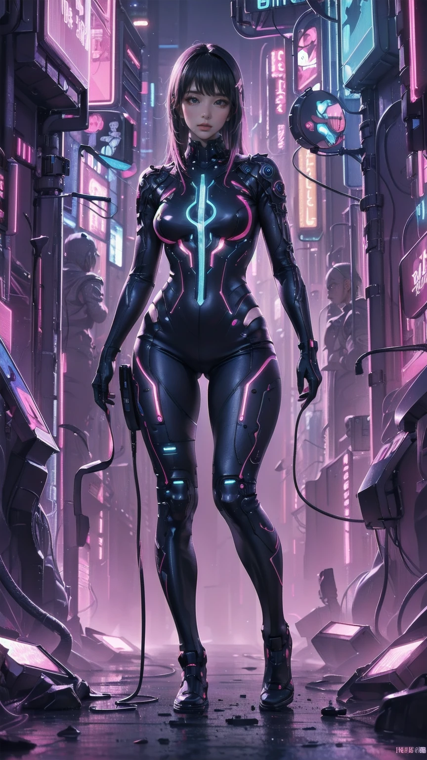 、The whole body is visible、Full body view、Head to toe depiction、beautiful, Luminous futuristic woman, Complex Circuits, Neon-like colors,  cyberpunk style , Advanced Technology,  digital art, Advanced Details, Realistic, Dramatic lighting,  dynamic poses , Mysterious, Mysterious, Fascinating
