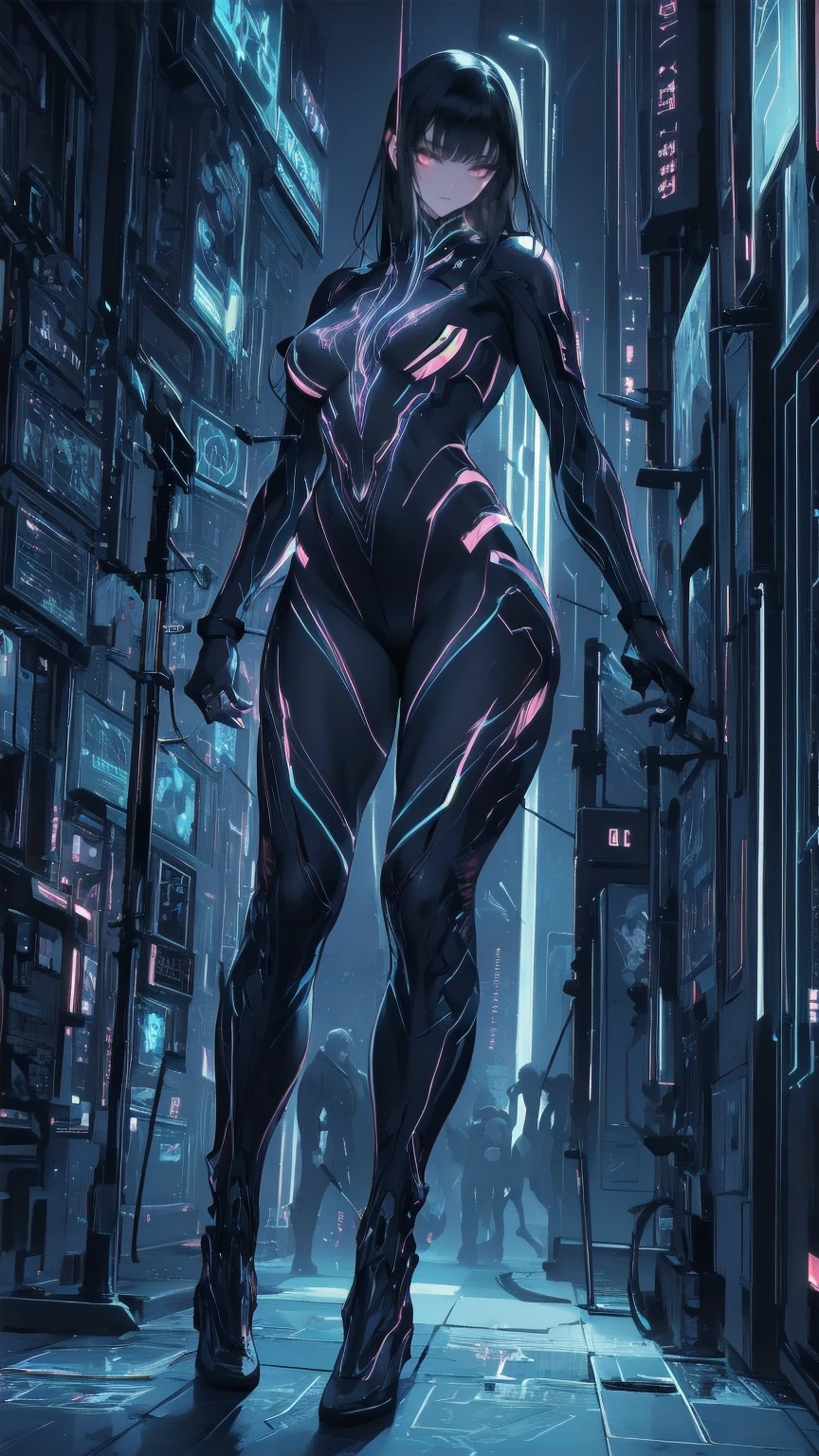 、The whole body is visible、Full body view、Head to toe depiction、beautiful, Luminous futuristic woman, Complex Circuits, Neon-like colors,  cyberpunk style , Advanced Technology,  digital art, Advanced Details, Realistic, Dramatic lighting,  dynamic poses , Mysterious, Mysterious, Fascinating
