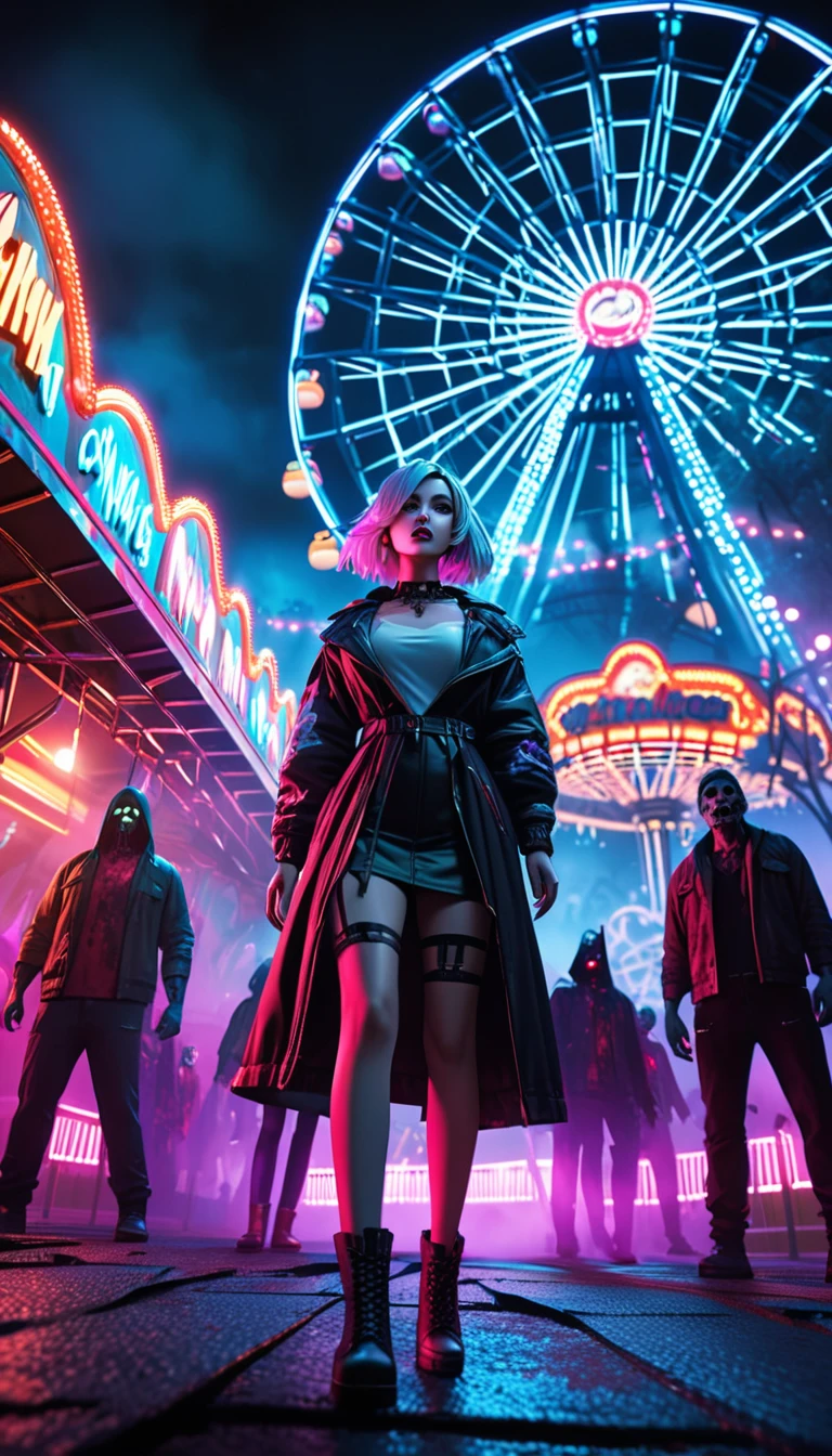 A Halloween night carnival set in a spooky amusement park, with a stunning female model at the center of the scene. She is surrounded by zombies and killers, fleeing through the mist-covered park. The Ferris wheel and roller coaster are brightly lit with neon lights, casting eerie shadows. The perspective is from below, looking up, capturing the entire park in a cyberpunk style. The atmosphere is filled with fear and tension, accentuated by the strong contrasts and bold colors.(best quality:1.2), octan render, ultimately realistic all details, 8k, highres, (masterpiece)