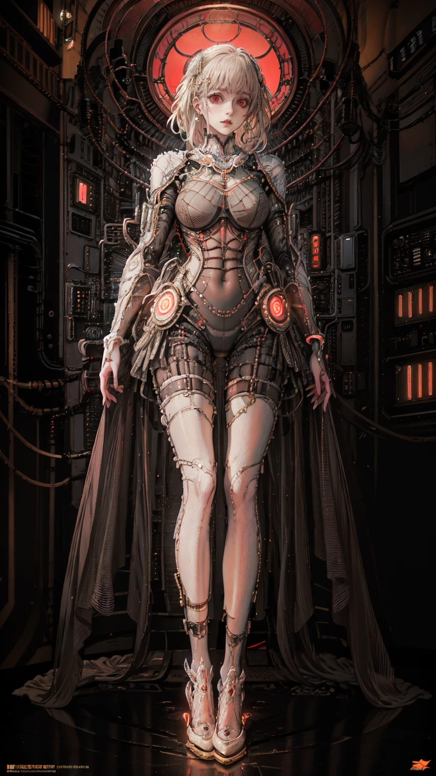 、The whole body is visible、Full body view、Head to toe depiction、beautiful, Luminous futuristic woman, Complex Circuits, Neon-like colors,  cyberpunk style , Advanced Technology,  digital art, Advanced Details, Realistic, Dramatic lighting,  dynamic poses , Mysterious, Mysterious, Fascinating
