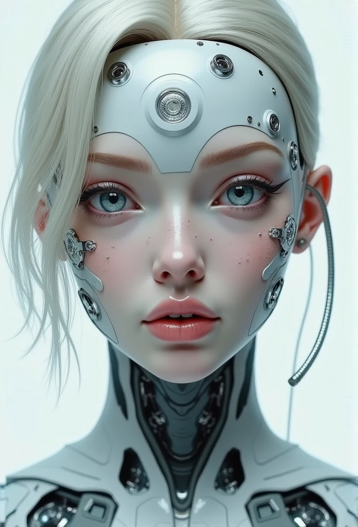 A symmetrical portrait, centered, 3d model, 3d render, cyborg girl, very close up