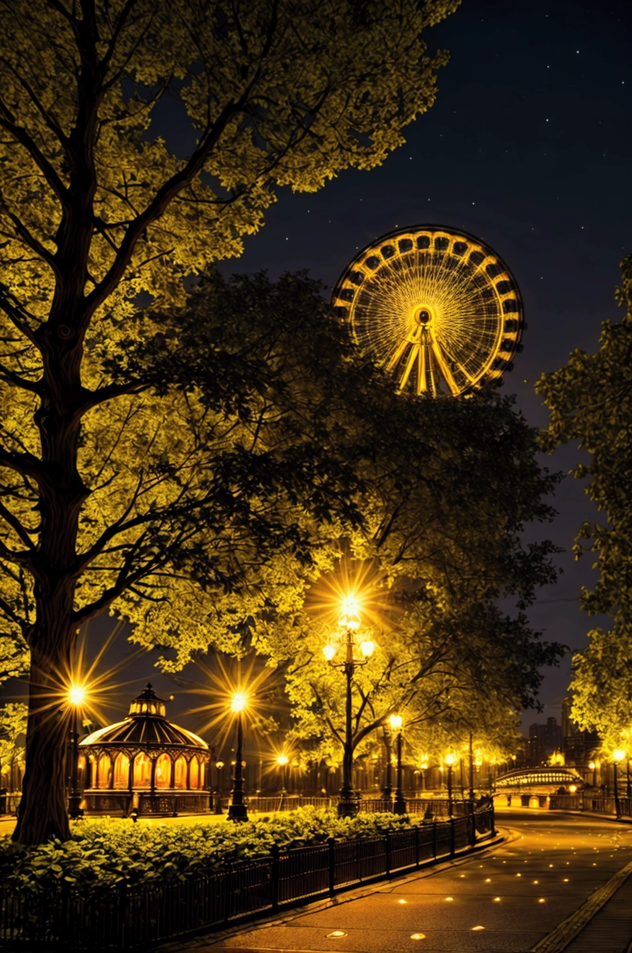 A beautiful park at night, with a large ferris wheel illuminated by neon lights, (best quality,4k,8k,highres,masterpiece:1.2),ultra-detailed,(realistic,photorealistic,photo-realistic:1.37),HDR,UHD,studio lighting,extremely detailed, vivid colors,warm lighting,glowing neon lights,intricate ferris wheel,lush greenery,detailed architecture,dramatic shadows,captivating atmosphere,stunning cityscape