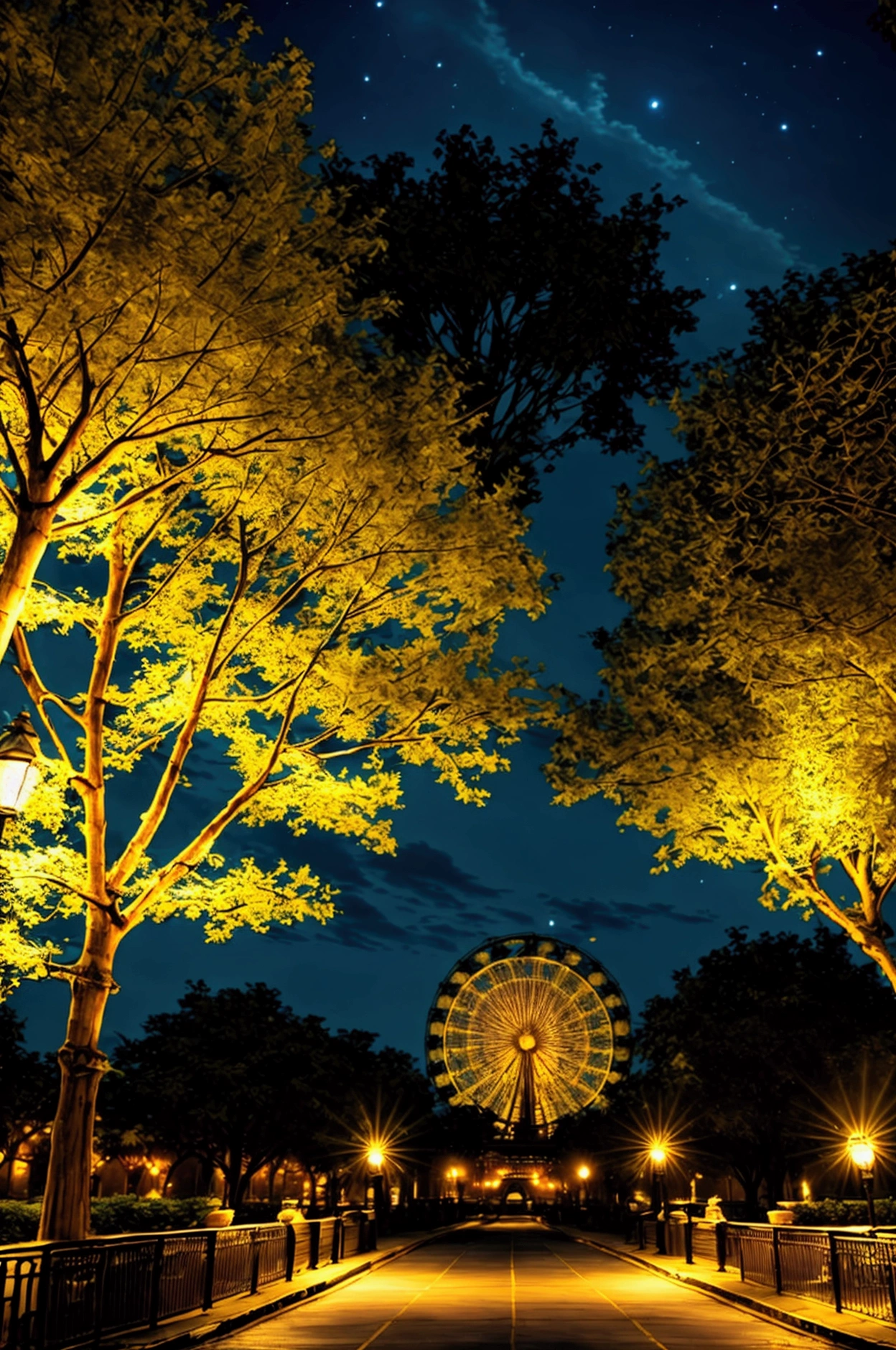 A beautiful park at night, with a large ferris wheel illuminated by neon lights, (best quality,4k,8k,highres,masterpiece:1.2),ultra-detailed,(realistic,photorealistic,photo-realistic:1.37),HDR,UHD,studio lighting,extremely detailed, vivid colors,warm lighting,glowing neon lights,intricate ferris wheel,lush greenery,detailed architecture,dramatic shadows,captivating atmosphere,stunning cityscape