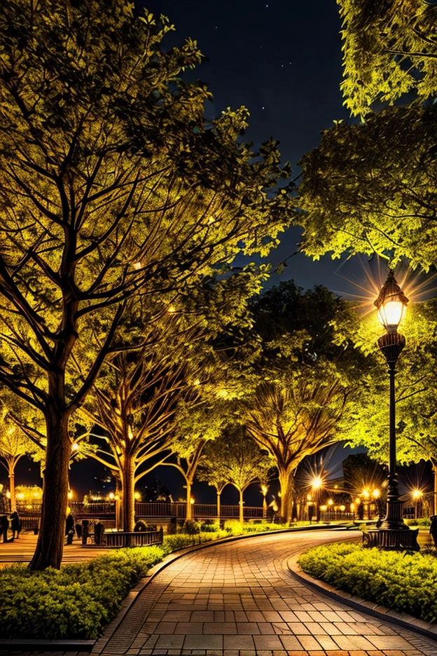 A beautiful park at night, with a large ferris wheel illuminated by neon lights, (best quality,4k,8k,highres,masterpiece:1.2),ultra-detailed,(realistic,photorealistic,photo-realistic:1.37),HDR,UHD,studio lighting,extremely detailed, vivid colors,warm lighting,glowing neon lights,intricate ferris wheel,lush greenery,detailed architecture,dramatic shadows,captivating atmosphere,stunning cityscape