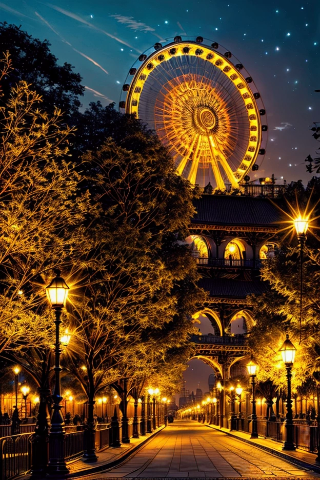 A beautiful park at night, with a large ferris wheel illuminated by neon lights, (best quality,4k,8k,highres,masterpiece:1.2),ultra-detailed,(realistic,photorealistic,photo-realistic:1.37),HDR,UHD,studio lighting,extremely detailed, vivid colors,warm lighting,glowing neon lights,intricate ferris wheel,lush greenery,detailed architecture,dramatic shadows,captivating atmosphere,stunning cityscape