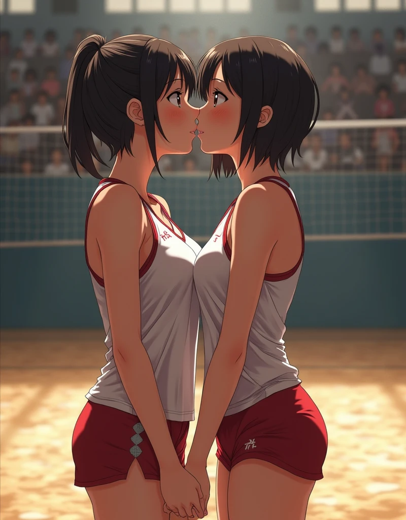 Two women having fun on the tennis court, lewd: 1,2, hentai: 1,2, NSFW: 1,2, lesbian micah: 1,2, grabbing each other's ass, kissing, blushing, wet sleeveless t-shirt, shorts, anatomically correct