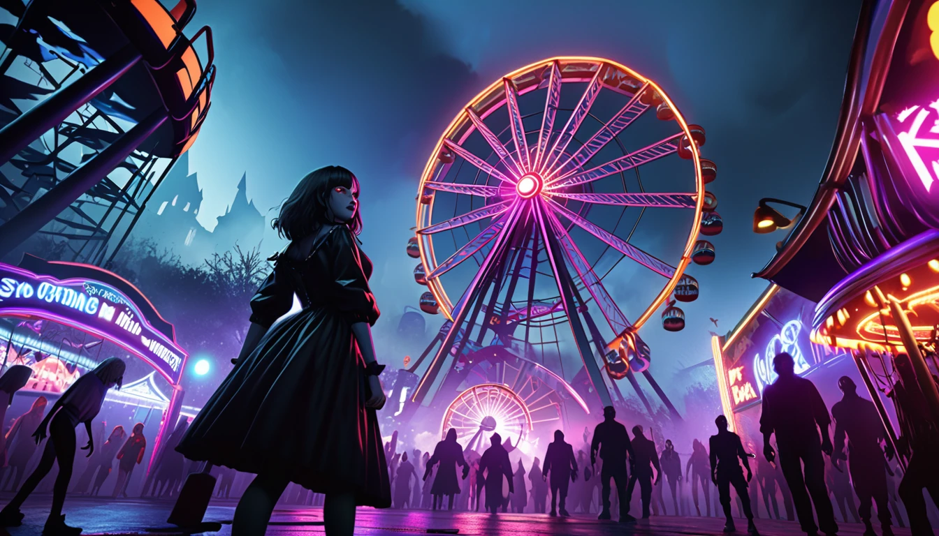 A Halloween night carnival set in a spooky amusement park, with a stunning female model at the center of the scene. She is surrounded by zombies and killers, fleeing through the mist-covered park. The Ferris wheel and roller coaster are brightly lit with neon lights, casting eerie shadows. The perspective is from below, looking up, capturing the entire park in a cyberpunk style. The atmosphere is filled with fear and tension, accentuated by the strong contrasts and bold colors.(best quality:1.2), octan render, ultimately realistic all details, 8k, highres, (masterpiece)