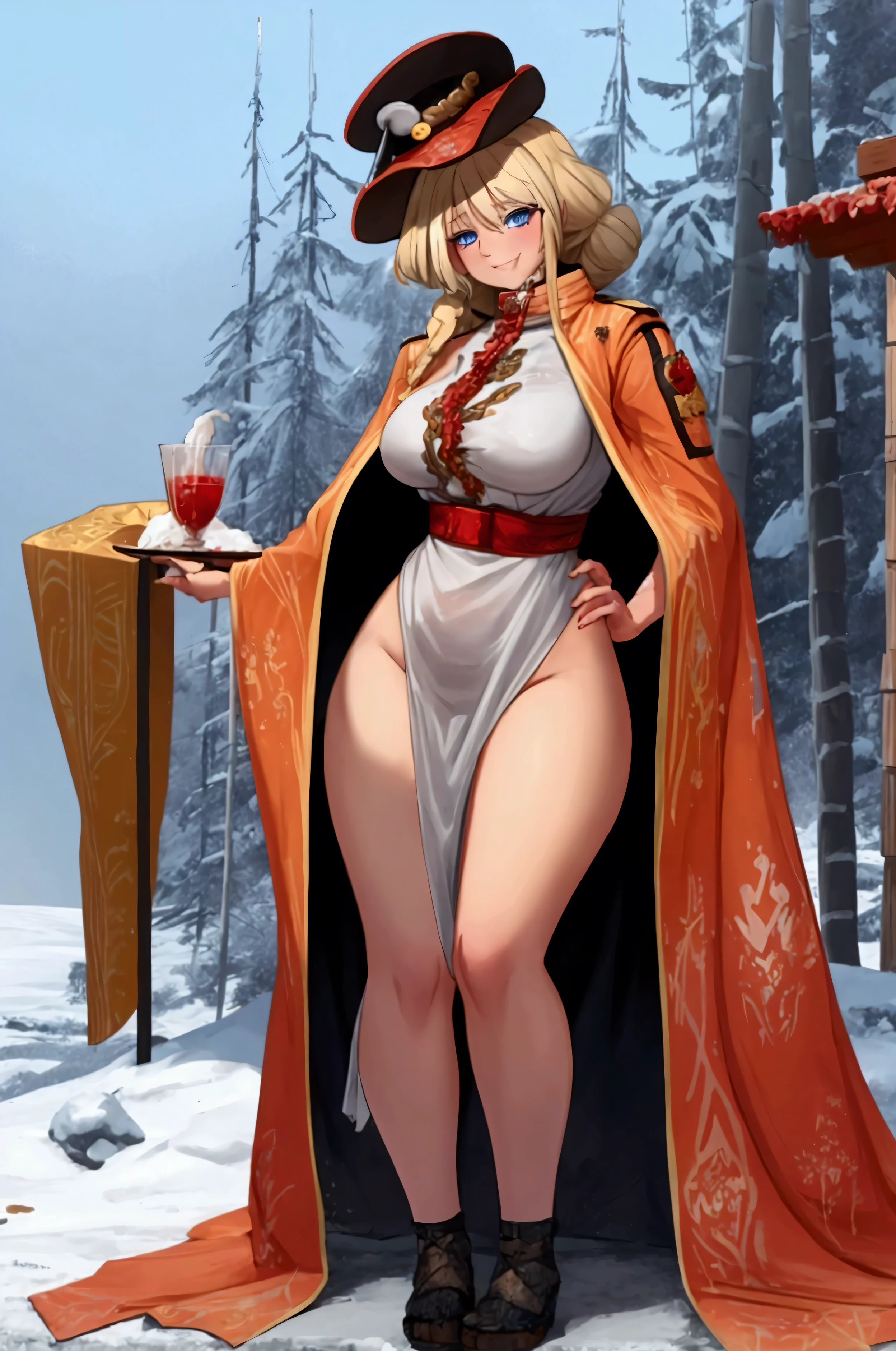 Girl, Blonde hair, blue eyes, ukrainian vyshivanka, red kaftan, valenki, big breasts, fat, winter trench, Vostroyan Firstborn, eating kolach and drinking vodka, drunk