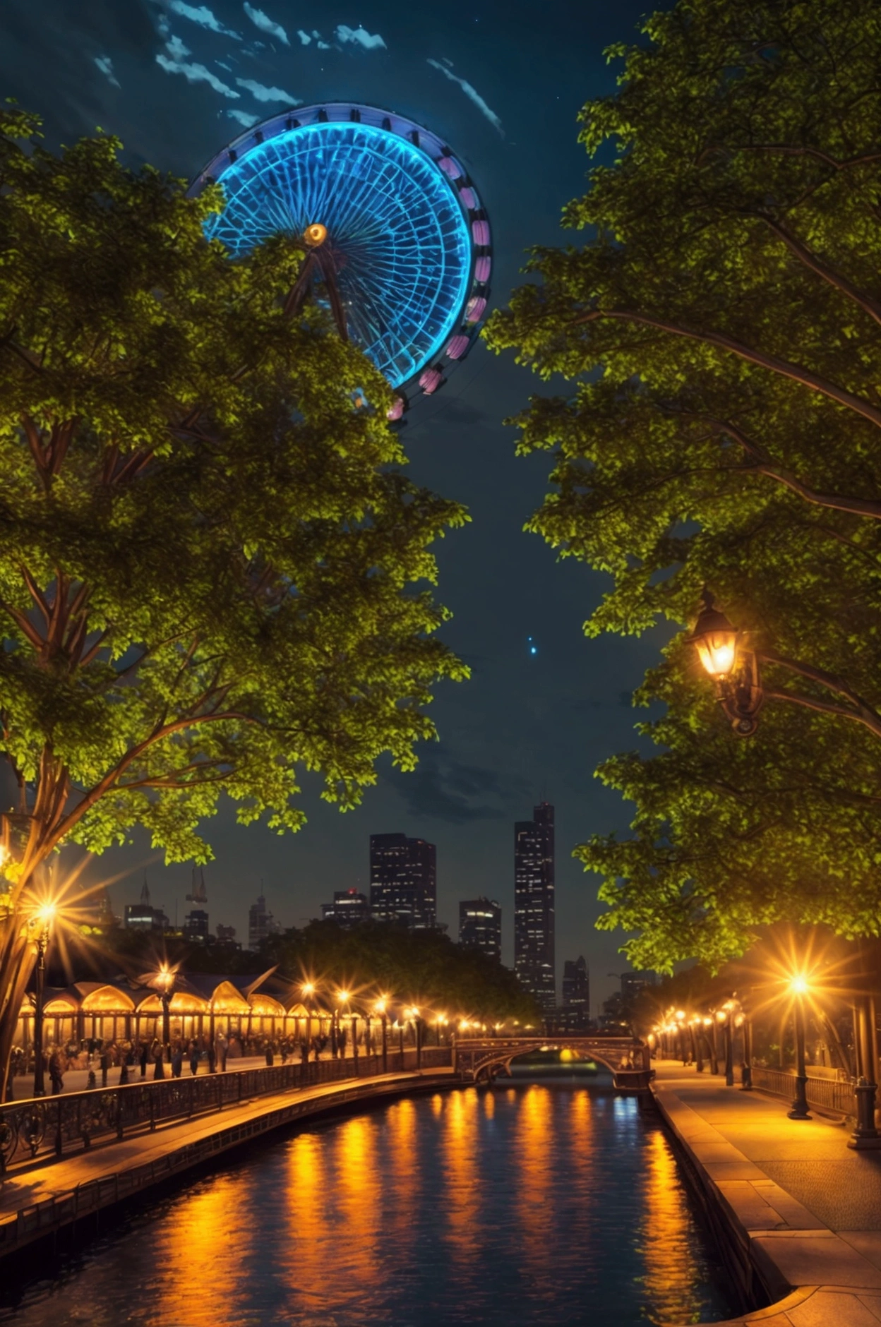 A beautiful park at night, with a large ferris wheel illuminated by neon lights, (best quality,4k,8k,highres,masterpiece:1.2),ultra-detailed,(realistic,photorealistic,photo-realistic:1.37),HDR,UHD,studio lighting,extremely detailed, vivid colors,warm lighting,glowing neon lights,intricate ferris wheel,lush greenery,detailed architecture,dramatic shadows,captivating atmosphere,stunning cityscape