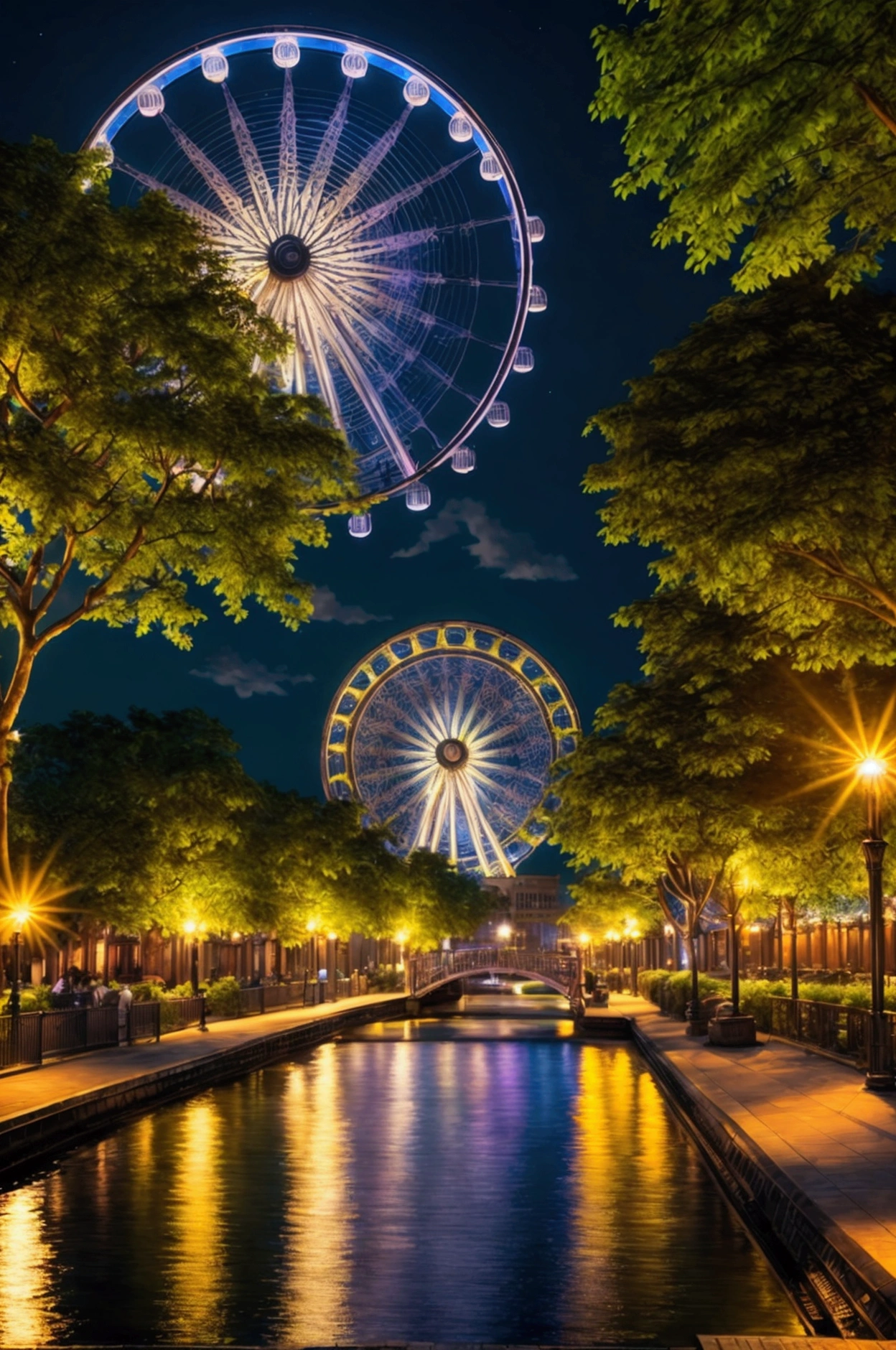 A beautiful park at night, with a large ferris wheel illuminated by neon lights, (best quality,4k,8k,highres,masterpiece:1.2),ultra-detailed,(realistic,photorealistic,photo-realistic:1.37),HDR,UHD,studio lighting,extremely detailed, vivid colors,warm lighting,glowing neon lights,intricate ferris wheel,lush greenery,detailed architecture,dramatic shadows,captivating atmosphere,stunning cityscape