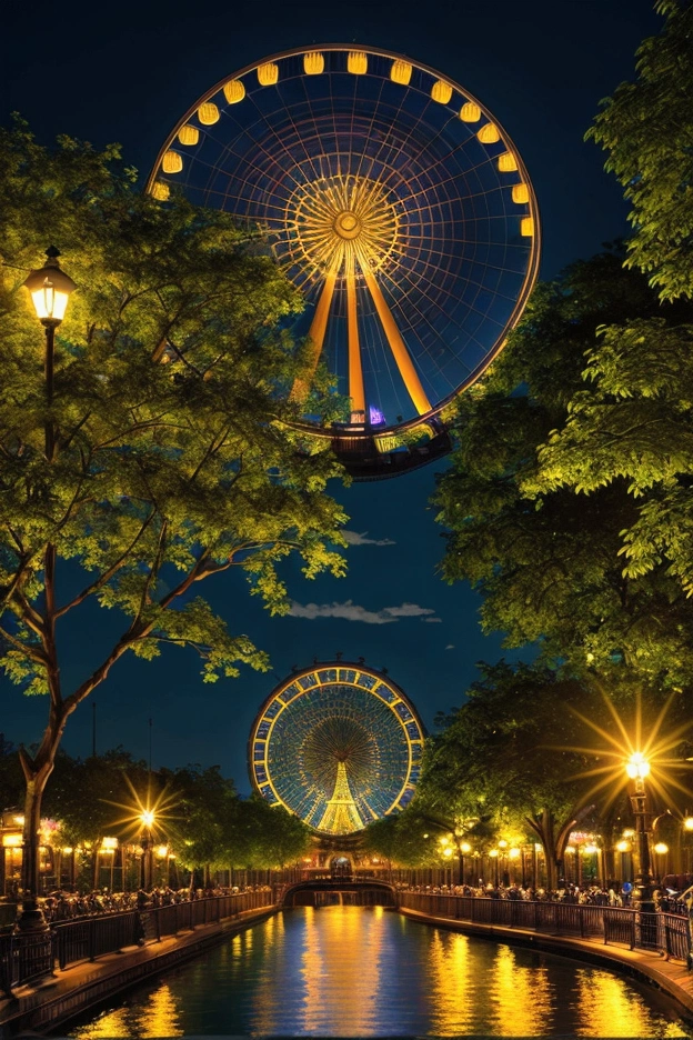 A beautiful park at night, with a large ferris wheel illuminated by neon lights, (best quality,4k,8k,highres,masterpiece:1.2),ultra-detailed,(realistic,photorealistic,photo-realistic:1.37),HDR,UHD,studio lighting,extremely detailed, vivid colors,warm lighting,glowing neon lights,intricate ferris wheel,lush greenery,detailed architecture,dramatic shadows,captivating atmosphere,stunning cityscape