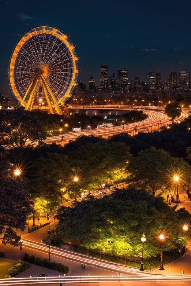 A beautiful park at night, with a large ferris wheel illuminated by neon lights, (best quality,4k,8k,highres,masterpiece:1.2),ultra-detailed,(realistic,photorealistic,photo-realistic:1.37),HDR,UHD,studio lighting,extremely detailed, vivid colors,warm lighting,glowing neon lights,intricate ferris wheel,lush greenery,detailed architecture,dramatic shadows,captivating atmosphere,stunning cityscape