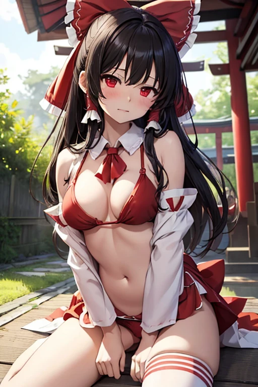 Reimu Hakurei、shrine、domestic、Shrine maiden costume、Beautiful woman、Confused Eyes、Cold look、Look at me、Best image quality、High resolution、masterpiece、super high quality、Orgasm Facial、White panties、White bra、Blushing、4K quality、Blushing、Spread your legs wide、Luxurious chair、Sweaty all over、Heavy breathing、Shaking breasts、上下にShaking breasts、Angle from the feet