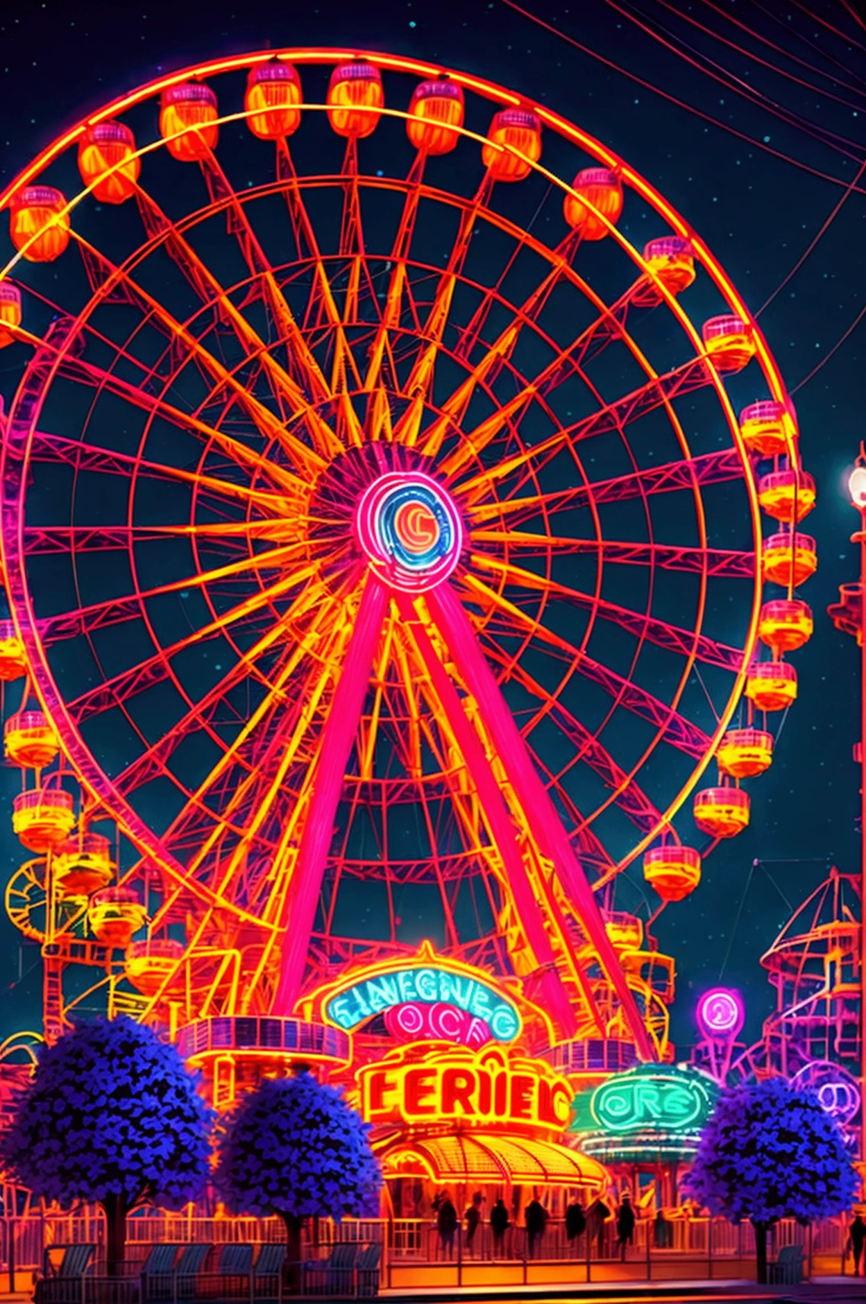 a large colorful ferris wheel at an amusement park, neon lights glowing in the night sky, detailed glass windows, photorealistic, vibrant colors, cinematic lighting, octane render, concept art, digital painting