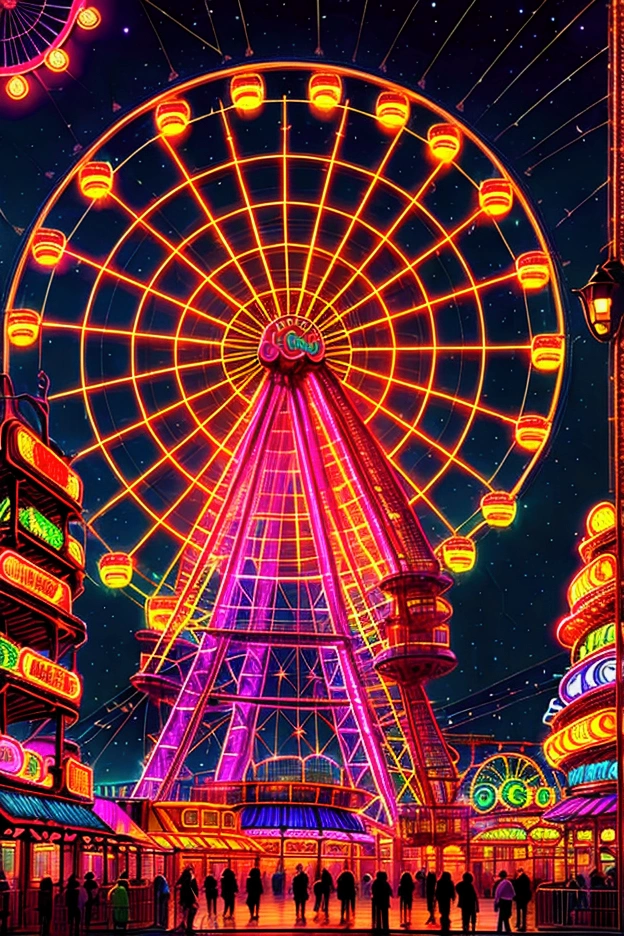 a large colorful ferris wheel at an amusement park, neon lights glowing in the night sky, detailed glass windows, photorealistic, vibrant colors, cinematic lighting, octane render, concept art, digital painting