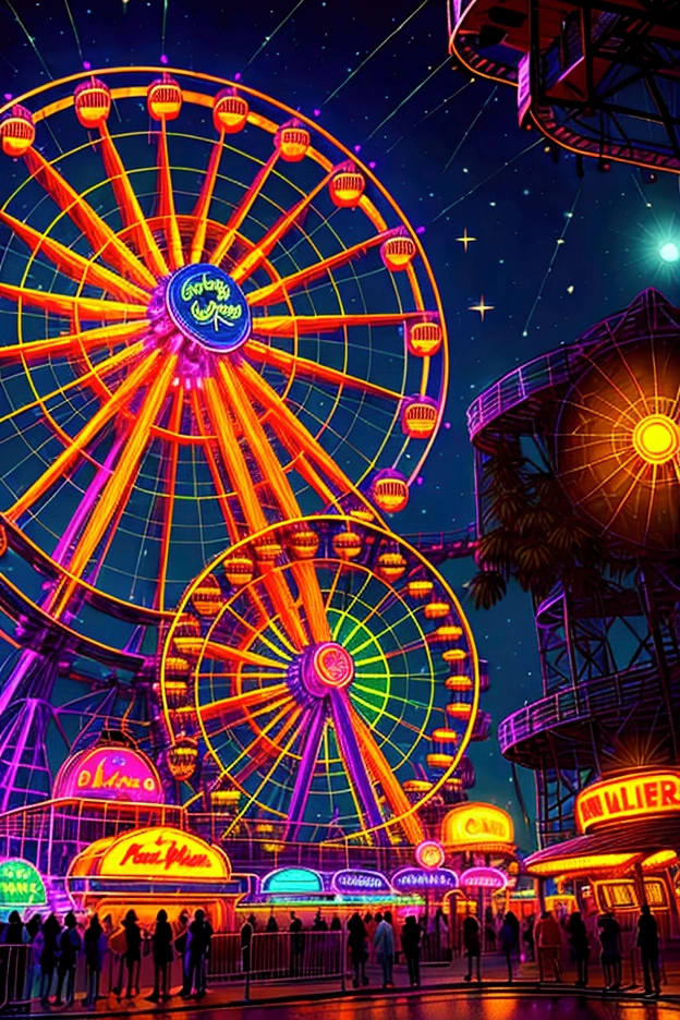 a large colorful ferris wheel at an amusement park, neon lights glowing in the night sky, detailed glass windows, photorealistic, vibrant colors, cinematic lighting, octane render, concept art, digital painting