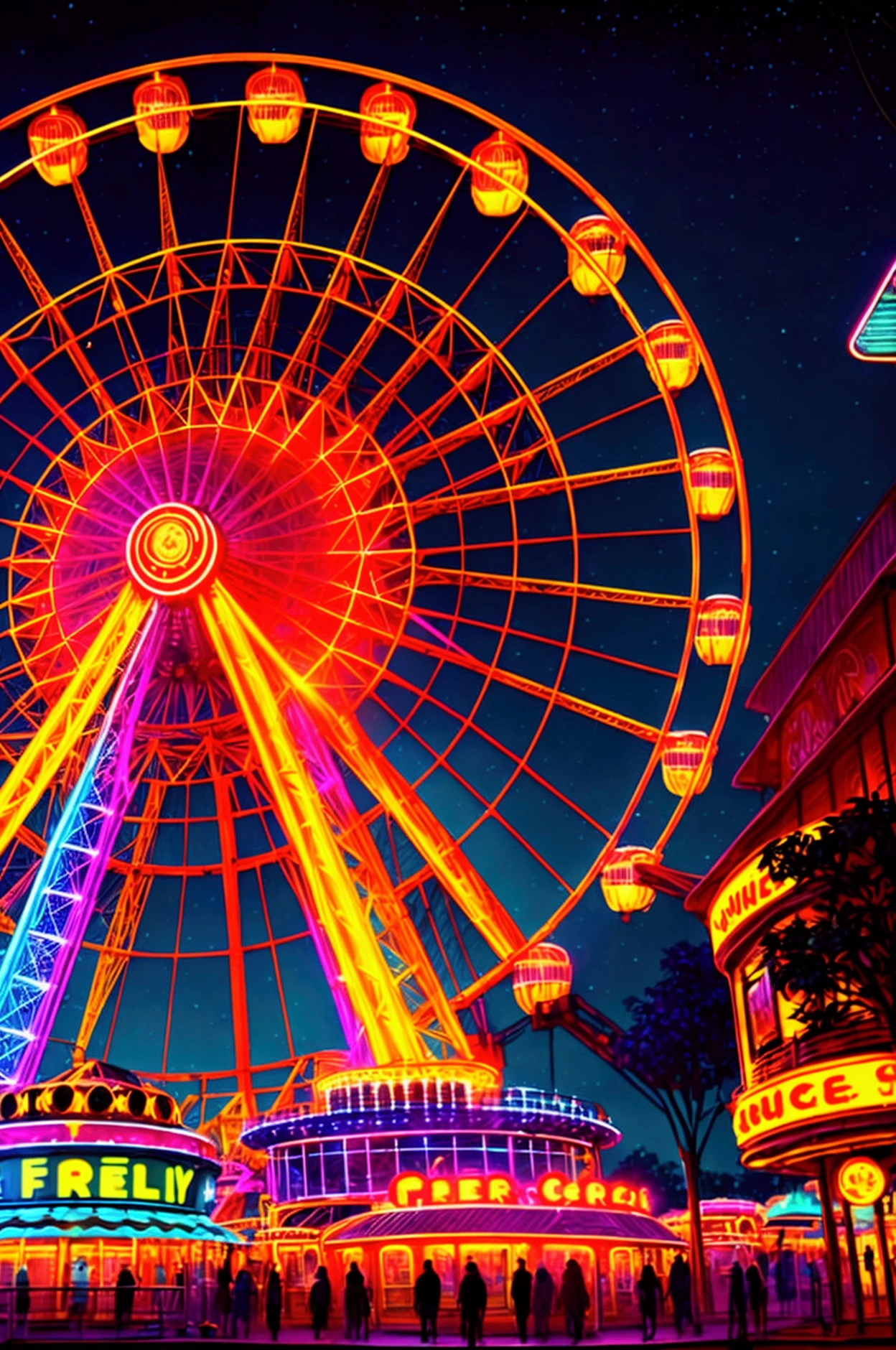 a large colorful ferris wheel at an amusement park, neon lights glowing in the night sky, detailed glass windows, photorealistic, vibrant colors, cinematic lighting, octane render, concept art, digital painting
