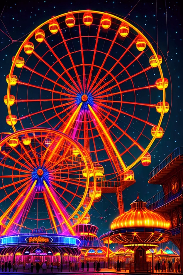 a large colorful ferris wheel at an amusement park, neon lights glowing in the night sky, detailed glass windows, photorealistic, vibrant colors, cinematic lighting, octane render, concept art, digital painting
