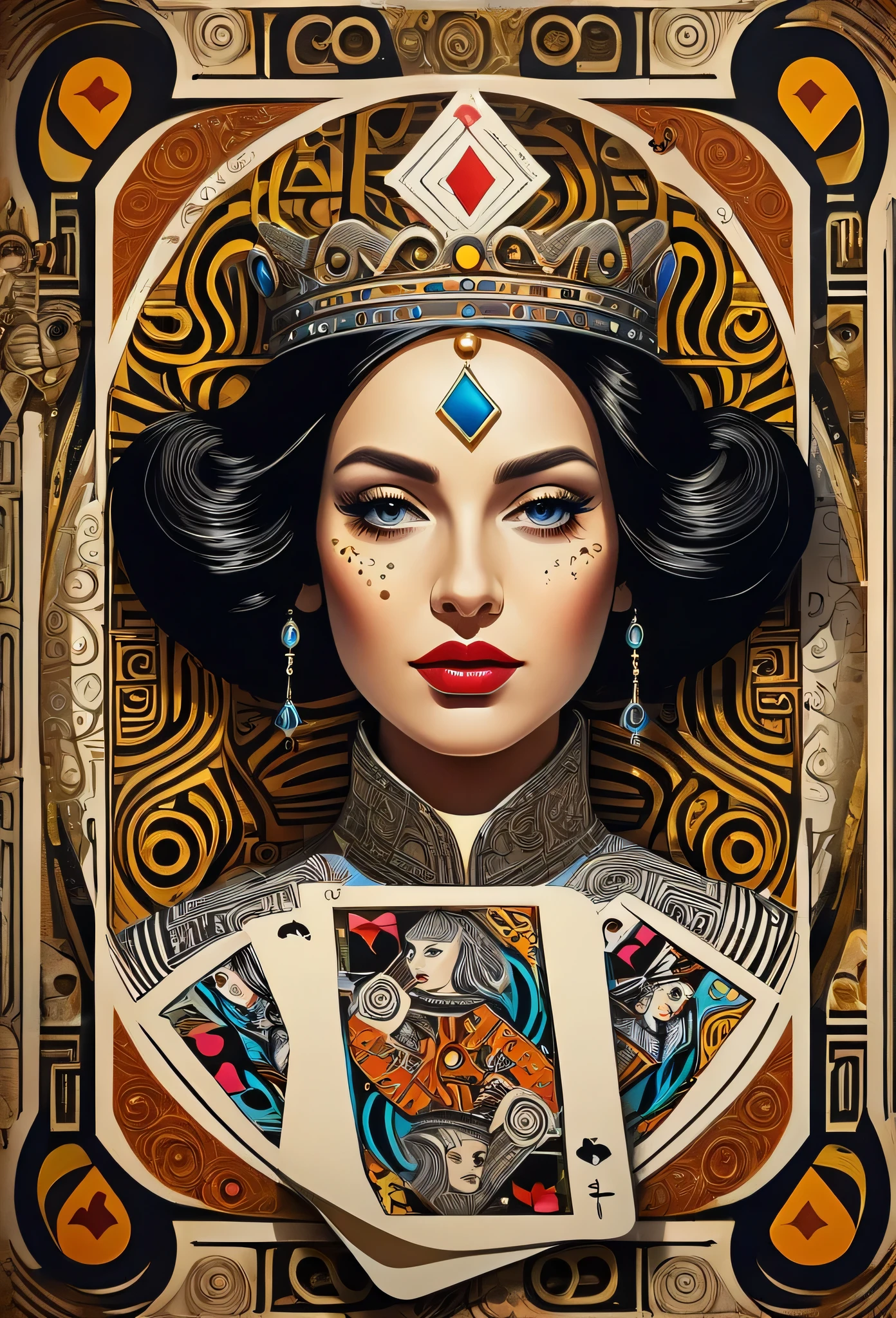 professional image, professional lights, ai drivenl maze,, a queen of clubs card with a strange maze made by book pages, lost and forgotten, hypnotic, mistic and strange image, old card, the queen got a futuristic picasso's style face
