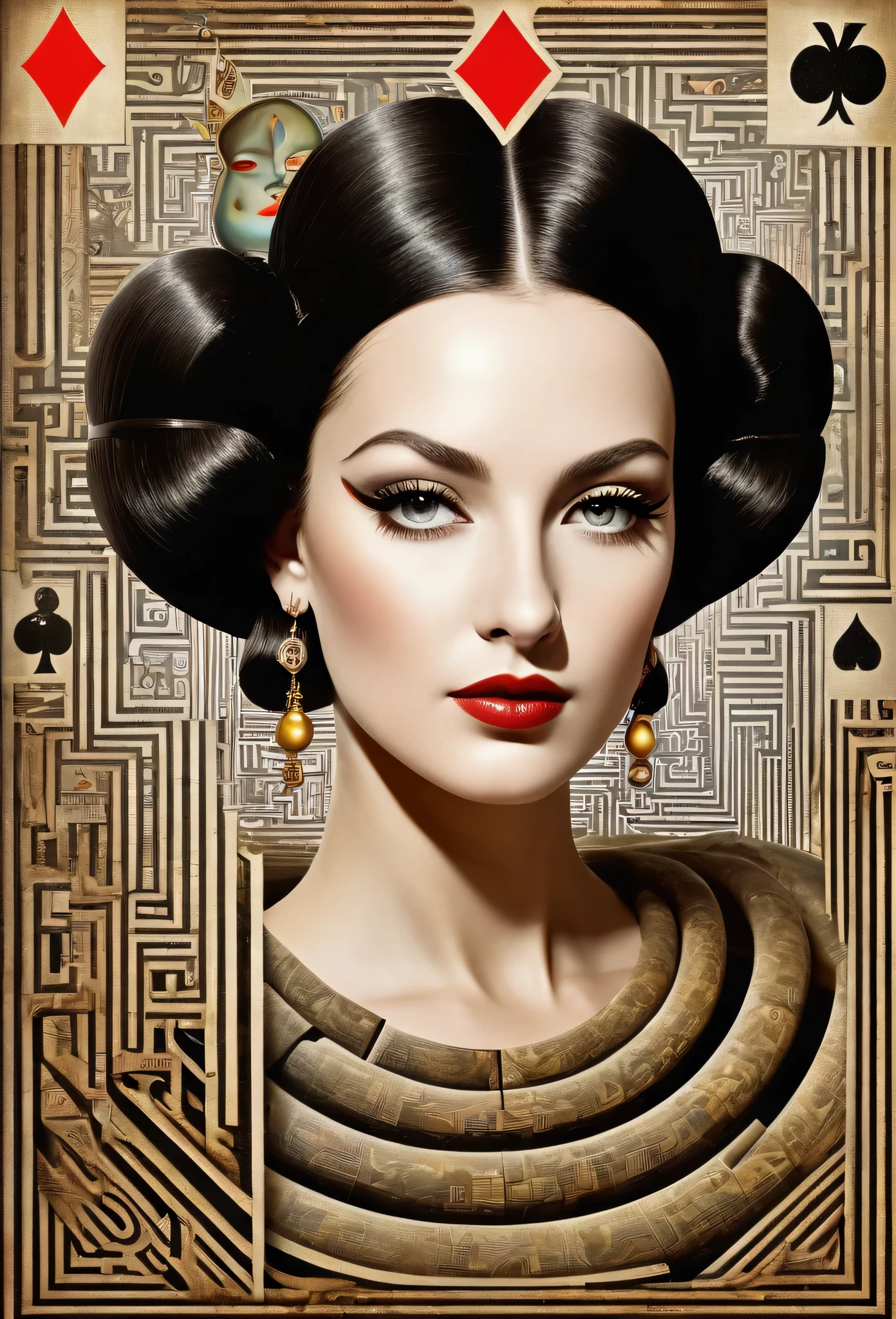 professional image, professional lights, ai drivenl maze,, a queen of clubs card with a strange maze made by book pages, lost and forgotten, hypnotic, mistic and strange image, old card, the queen got a futuristic picasso's style face
