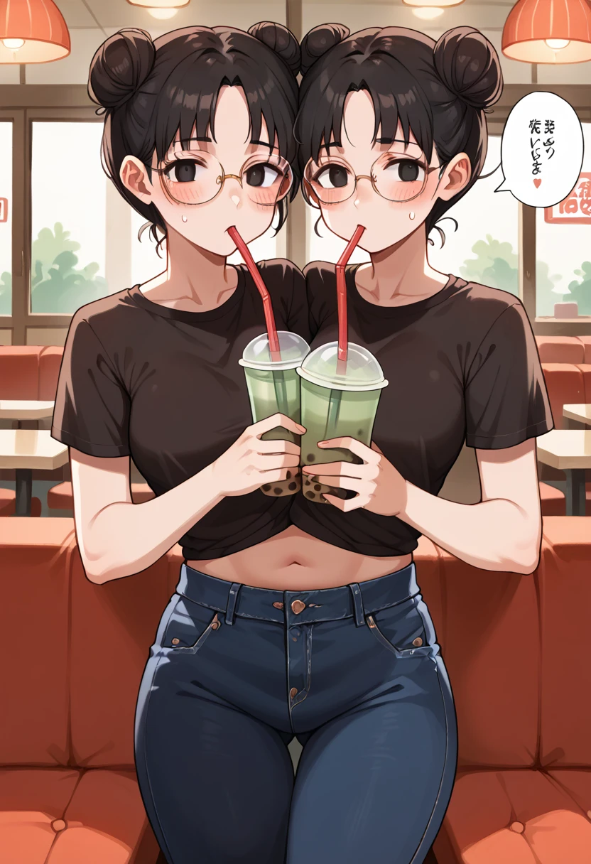 2heads, a tall chunky woman with 2 heads. She is wearing a crop-top and jeans. She is inside a restaurant. Large circular glasses. Soft face. She has messy black hair in a bun. Dorky appearance, nerd. She is very tall. Blushing. Sipping boba tea.