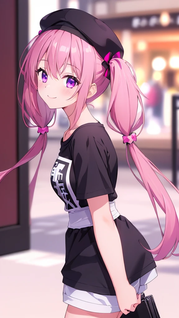 A pink-haired，Pink eyes，pigtails，having fun，black tanktop，Black tights