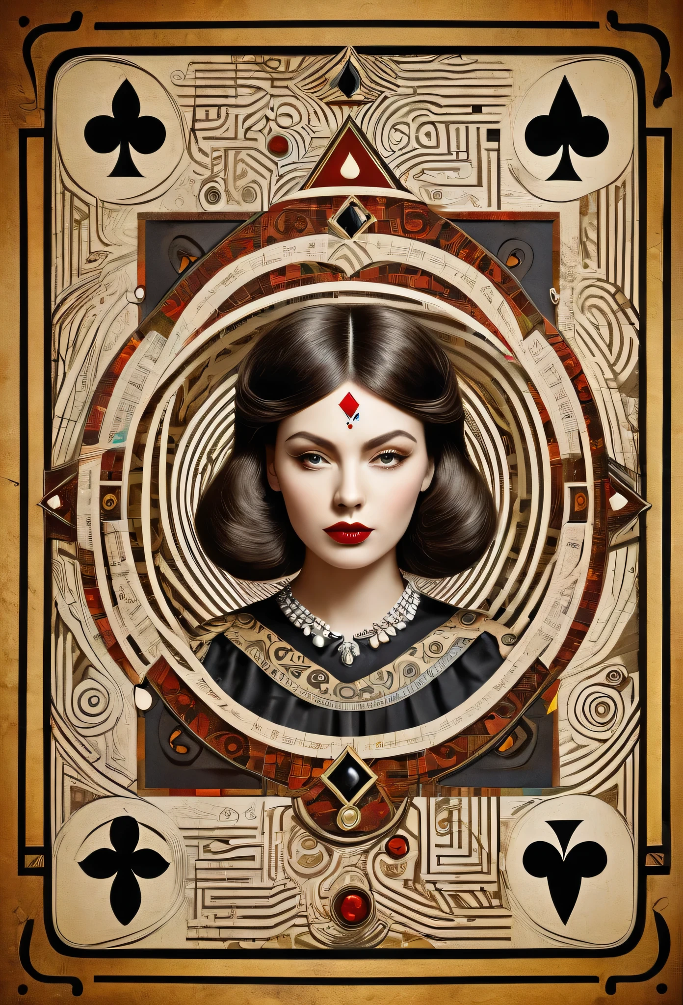 professional image, professional lights, ai drivenl maze,, a queen of clubs card with a strange maze made by book pages, lost and forgotten, hypnotic, mistic and strange image, old card, the queen got a futuristic picasso's style face
