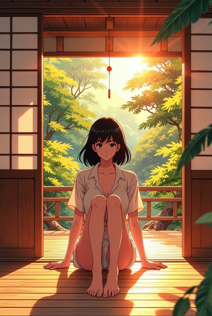 A barefoot woman sits on the floor of a traditional Japanese room, open legs, gazing softly at the viewer. She is framed by the open shoji doors, beyond which the intense summer sunlight streams in, casting her figure into a bright, backlit silhouette. The strong sunlight creates a lens flare and brilliant glare, making the entire scene almost blindingly radiant. A wind chime sways in the breeze, its soft ringing blending with the distant hum of cicadas. She wears a light shirt and shorts, capturing a tranquil, fleeting moment of a hot summer day,(1980s anime style with perfect light detail),volumetric light, photon map lighting in room,