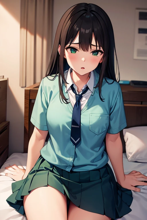 1 girl, bangs, purple hair, medium hair, ponytail hair, purple eyes, open eyes, bedroom, white bed sheets, indoors, raped, hdr, school uniform, yellow vest, sweater vest, white shirt , collared shirt, short sleeves, skirt, red skirt, plaid red skirt, bike shorts, yoga shorts, standing, pov, sex, missionary, penis, 3boy, 1girl, penis in pussy, vaginal, clitoris, sitting position, tall body, looking you, pov, ahegao, cumshoot, lot of cum, crotchless, bike shorts, bike shorts, wearing bike shorts, looking ahead, open legs, rolling eyes, sucking dick, sucking cock, a woman holding two dicks, group sex, gangbang, double handjob, rolling eyes, sucking penis, ah, licking penis, nakadashi, missionary, lying, on back, wearing bike shorts, tall body, skirt tucked into shirt,