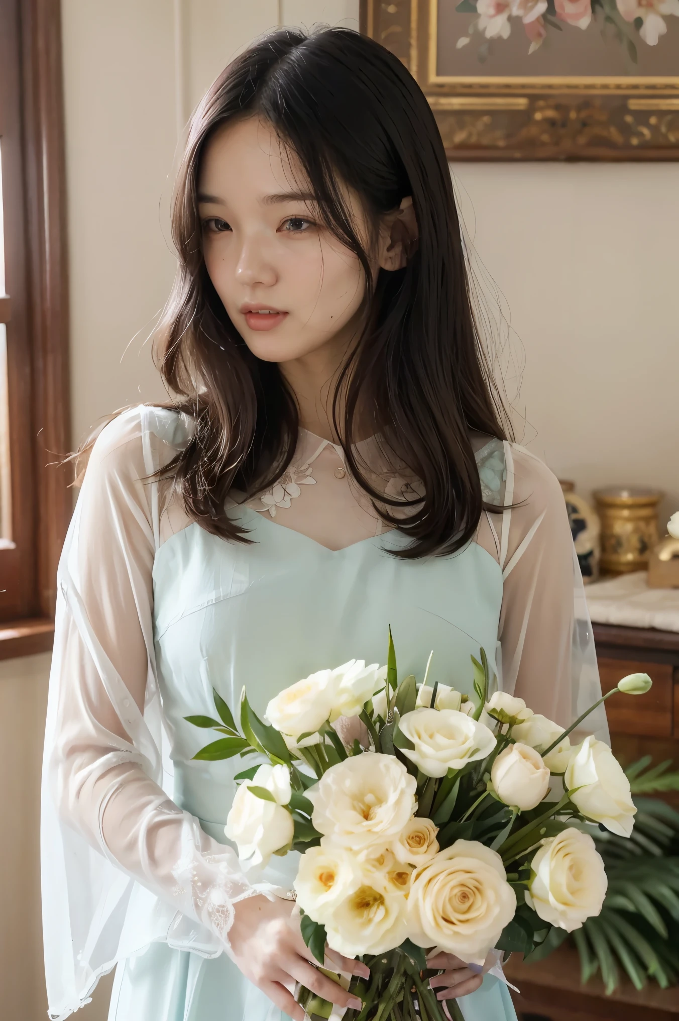 a close up of a woman holding a vase of flowers, with flowers, magazine photo, by Ayami Kojima, official artwork, jinyoung shin, with frozen flowers around her, by Ni Tian, dilraba dilmurat, jaeyeon nam, cynthwave, hwang se - on, mackenzie foy, by Zhang Han, park ji-min, by Jin Nong