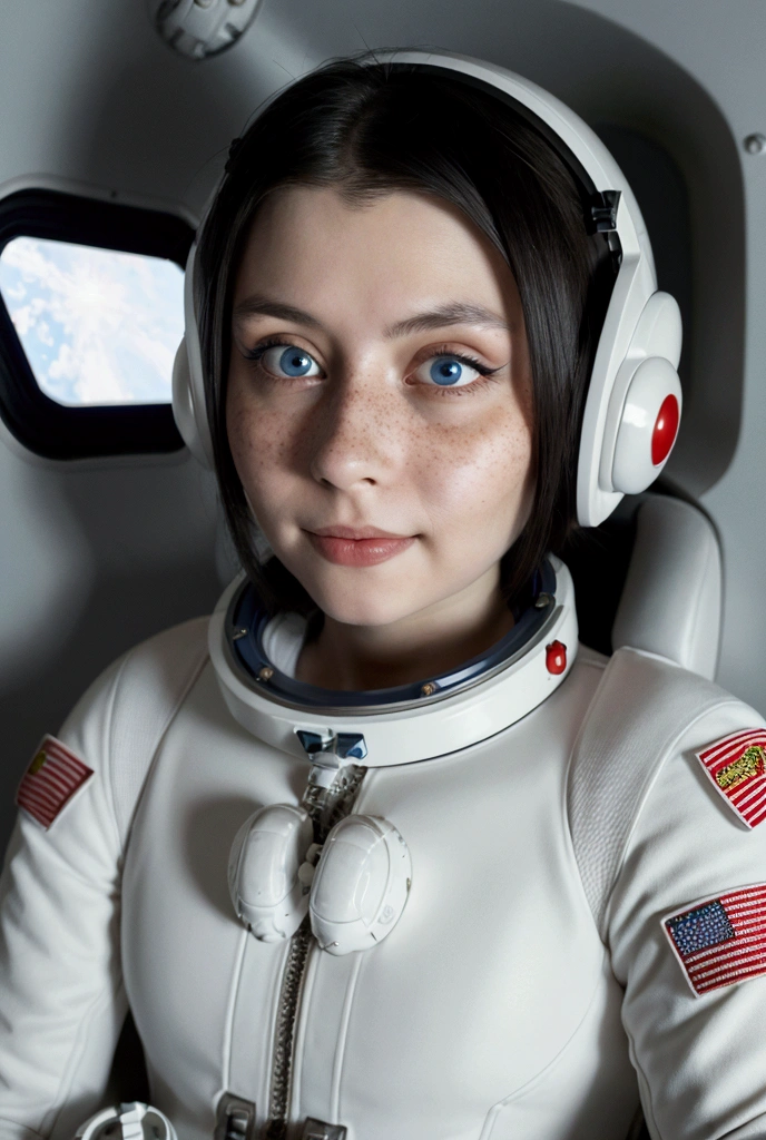 Woman on a spaceship, 1 girl, black hair, a few freckles, white and red spacesuit, calm pose, sits in the pilot's seat, relax, square hairstyle, Blue eyes, mystical mood, horror film, Night, realistic image, high resolution, Realistic anatomy, in detail, view from below, smile, Flirting ,