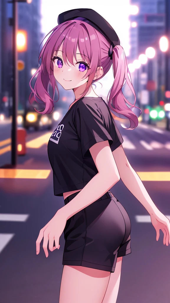 ((8k, Highest quality, masterpiece: 1.3)),Ultra-high resolution,(1 girl, alone), Highly detailed dark purple eyes, Highly detailed face, from side, closed mouth, smile, head tilt
pink short twintails, black cap, white oversized T shirt, black very short pants, highway in midnight, breast, blurry background, orange road lights
