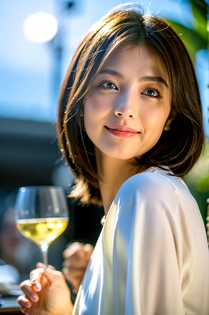 ((Highest quality、8K、masterpiece:1.uuko Araki、slimカップル、ピンクmodelカップル、(Realistic, Intricate details:1.2), full-course dinner、Wine Partying view of the sunset sky and clouds、A bright smile、The wonderfulness of smile、Bright image、The beauty of wine, Beautiful Face, blue eyes, The light shines on your face, Blushing, short hair,Bright Face、42 years old,45 years old, red wine 、Appetizers、Italian food、Wine bottle、Champagne、sparkling wine、Two beauties、Brown Hair、Shortcuts、Long sleeve shirt、dress、Beautiful woman 1, (slimな顔), (The body is slim), (Brown Hair), (Shortcuts), cheeks turn a little red,Attractive beauty、restaurant, In a prominent place (From the waist up) Nova Frog Style, actress, model, Upper Body, White wine, slim, wine glass, 中央に置かれたwine glass, smile, (smile: 1.15), Beautiful fine grain, Depth f/2,saturation, High Contrast, Strong light and shadow,Moist Body:1.5、3D texture、Delicate eyes、Brown Hair、The hair is very shiny、