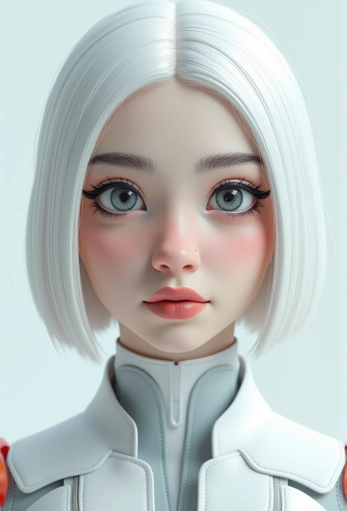 A symmetrical portrait, centered, 3d model, 3d render, cyborg girl, very close up, white hair, background 