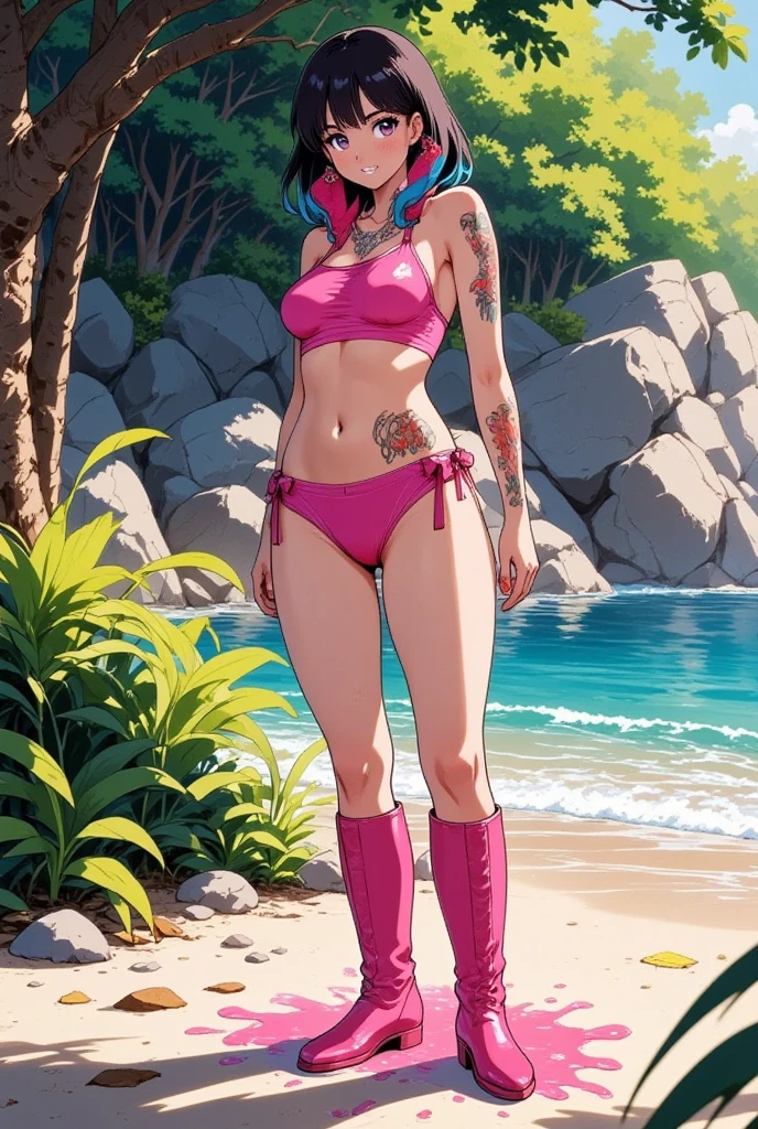 (1980s anime style with perfect light detail), 1girl,colorful long hair, solo,((bright pink bike shorts))), (Bright pink leather halter top), (abdomen only), (camel toe), (((leather thigh high heel boots))), (bikini shorts), urine stain, (puddle), (thick thighs), nice long legs, lipstick, detailed face, cute face, humiliating, embarrassing, (full body shot), tattoo, body piercing, 