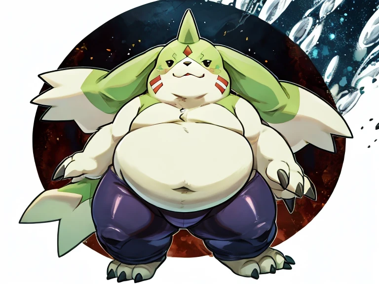 Gargomon(Digimon)、,Very very tall、Thick animal-like legs、cheeks with fat、Thick arms、Huge torso、Thick neck、Thick neck、Sharp Claws、feet covered in fat, Thick twisted horns, In the grassland, There is a belt on the left shoulder, official、anime、He&#39;s wearing pants that have a very, very bulging crotch.、Cute eyes、smile、Dynamically、