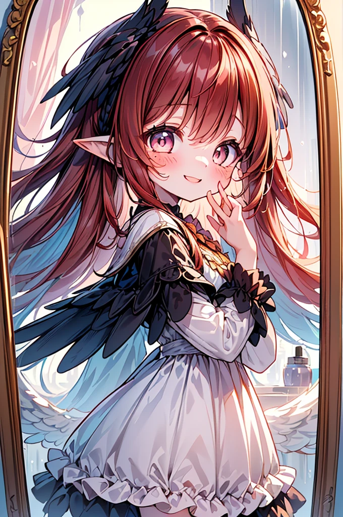 (((( moist atmosphere, sentimental air, pastel colors, soft touch, pale colors. ))))
Masterpiece, top quality, super detailed,
((one harpy girl)), dark red hair, messy bobbed hair, (big feathered bird ears), big wings of a harpy, angelic white costume, Halloween pumpkin, (((looks in mirror, smiles bitterly, sideways ))))