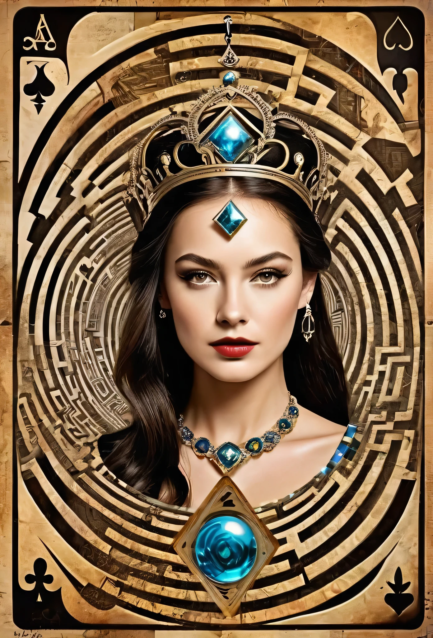 professional image, professional lights, ai drivenl maze,, a queen of clubs card with a strange maze made by book pages, lost and forgotten, hypnotic, mistic and strange image, old card, the queen got a futuristic picasso's style face
