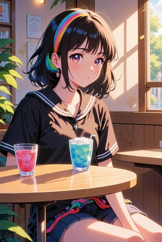 (1980s anime style with perfect light detail), 1girl,colorful long hair, solo,Illustration of a girl with vibrant pastel-colored hair, sitting in a cozy café, sunlight streaming through the windows, with a dreamy expression and soft pastel hues filling the scene