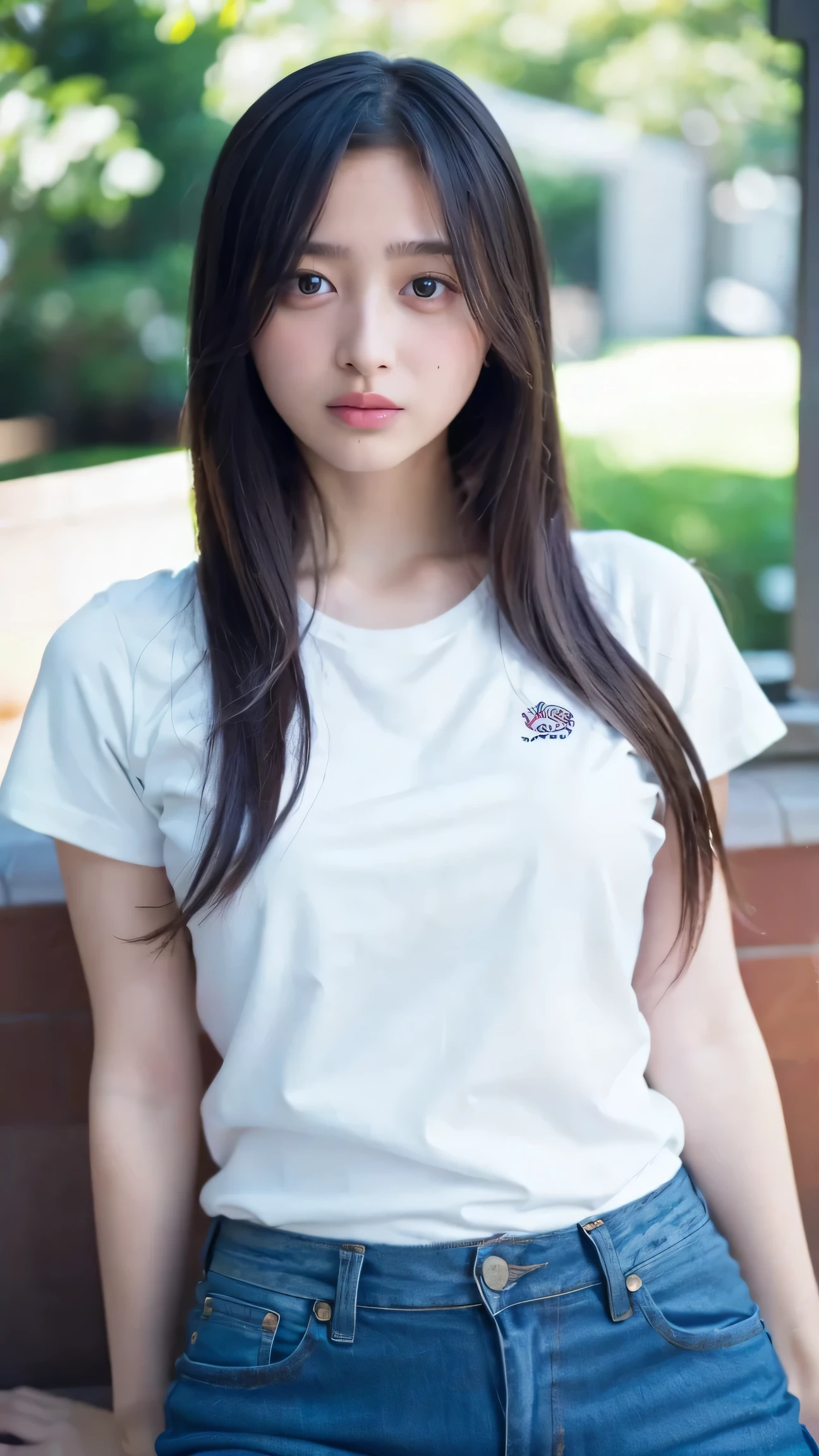 1 girl ,(white t-shirt and navy blue jeans:1.2),(RAW Photos, Best Quality), (Realistic, photo-Realistic:1.4), masterpiece, so delicate and beautiful, Extremely detailed, 2k wallpaper, wonderful, in fine detail, Extremely detailed CG unity 8k wallpaper, Ultra-detailed, High resolution, Soft light, Beautiful detailed girl, Extremely detailed eyes and face, Beautiful detailed nose, Beautiful detailed eyes,Cinema Lighting,Night view,Slender body,(Long hair with bangs), (Large breasts are emphasized:1.3), Full Body:1.6, White thighs.