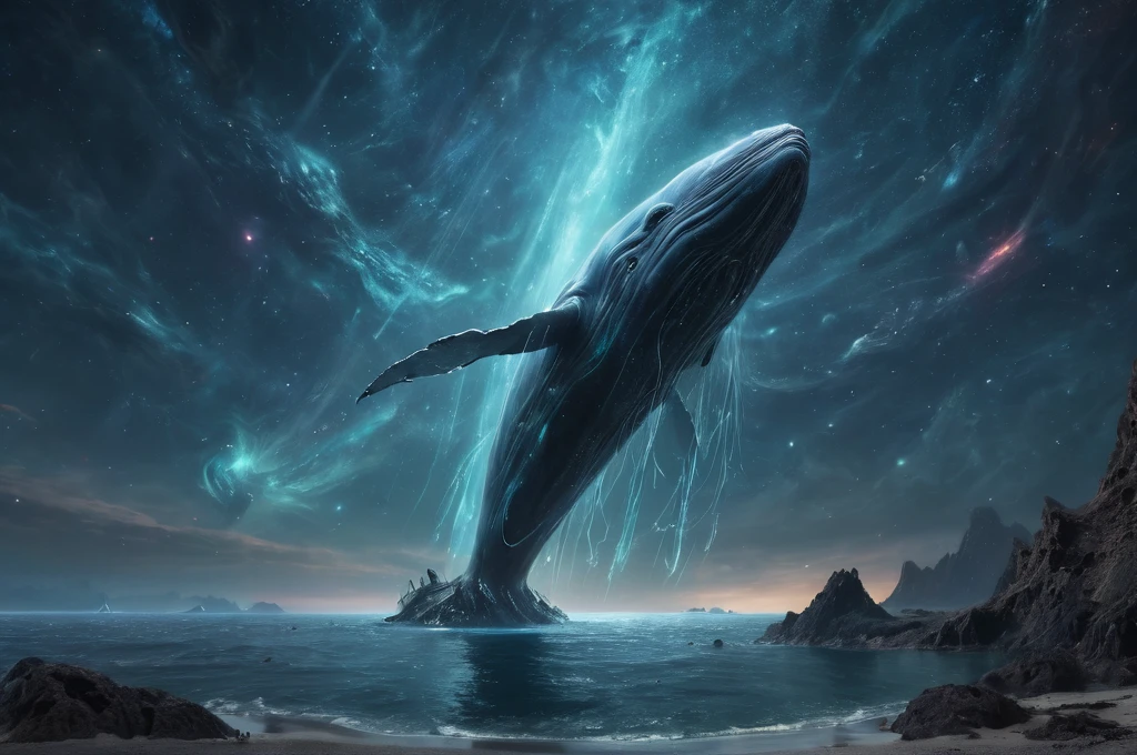 (best quality,4k,8k,highres,masterpiece:1.2),ultra-detailed,(realistic,photorealistic,photo-realistic:1.37),sci-fi,alien,space,kun peng galaxy((search reference for kun peng chinese mytholog))((gigantic Interstellar size whale with big wings across the horizon)),gigantic interstellar creature,vast cosmic ocean,celestial anomaly,ethereal aura,bioluminescent tendrils,otherworldly majesty,surreal atmosphere,dramatic lighting,vibrant colors,